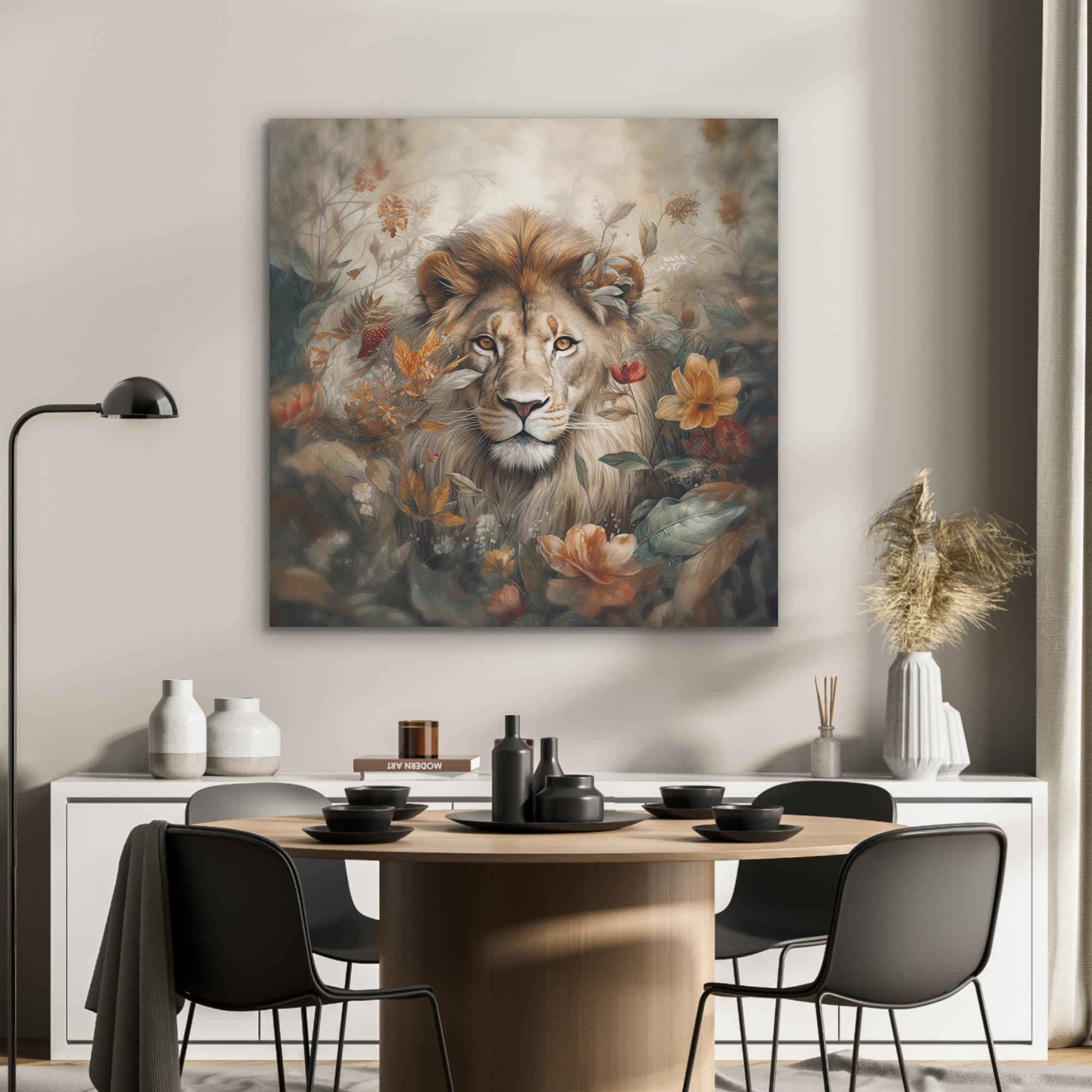 AKUSTIKPANEEL Löwe - Wildtiere - Pflanzen - Natur - Blumen 90x90 cm - Beige, Textil (90/0.9/90cm) - MuchoWow