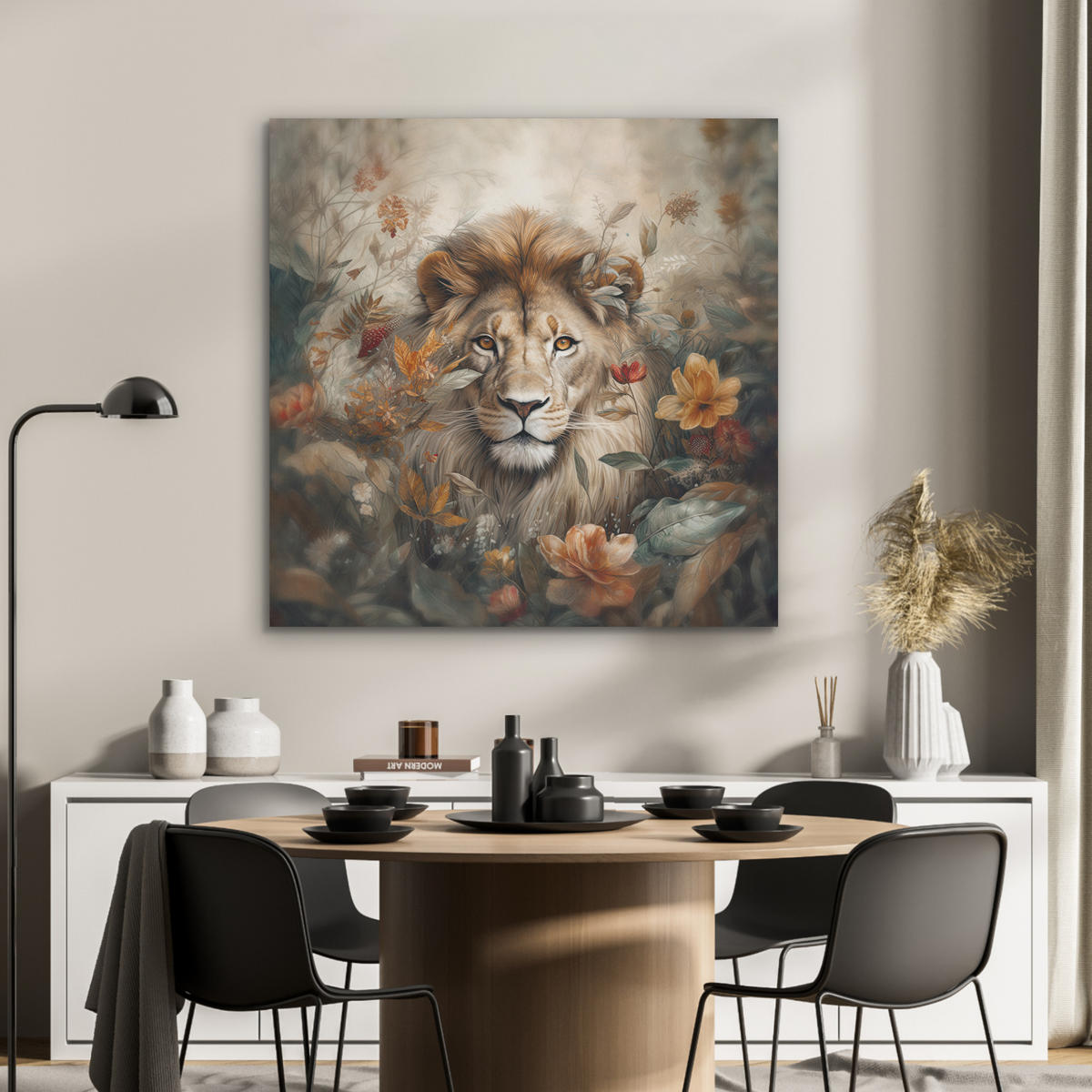 AKUSTIKPANEEL Löwe - Wildtiere - Pflanzen - Natur - Blumen 90x90 cm - Beige, Textil (90/0.9/90cm) - MuchoWow
