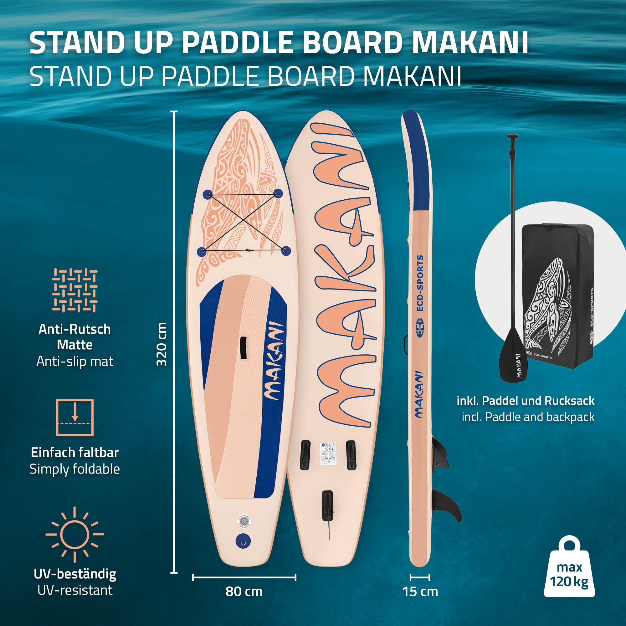 STAND UP PADDLE BOARD Makani Apricot - Hellrosa, Kunststoff (320/80/15cm) - ECD-Germany