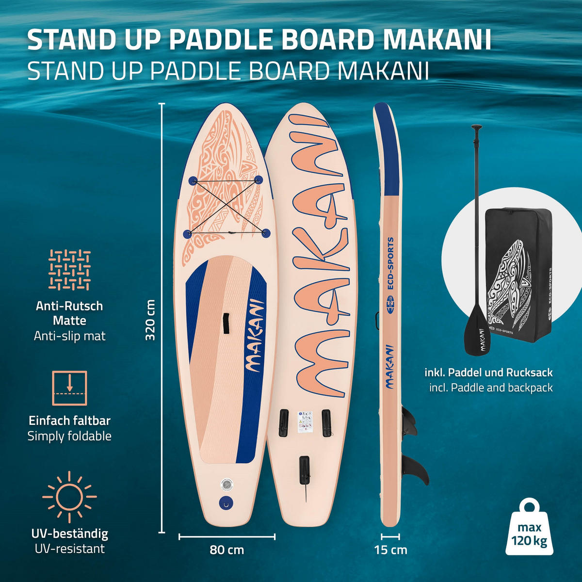 STAND UP PADDLE BOARD Makani Apricot - Hellrosa, Kunststoff (320/80/15cm) - ECD-Germany