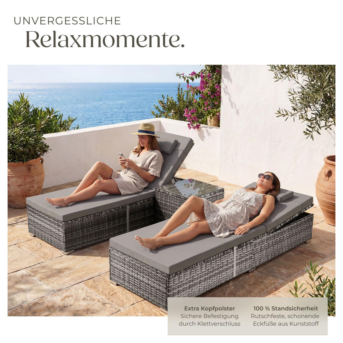 RATTAN-DOPPELLIEGE Carbonera, Belastbarkeit je 200 kg, grau - Grau, Kunststoff (62/36/196cm) - tectake