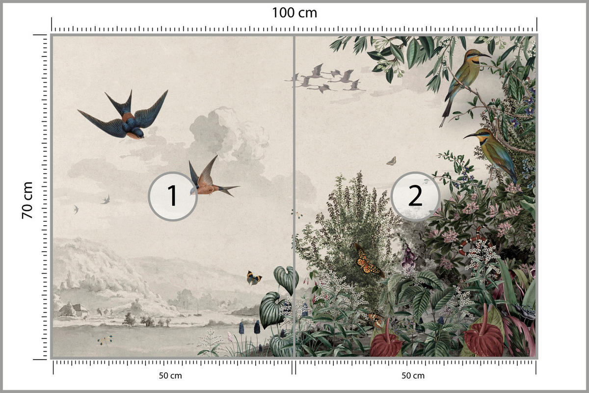 FOTOTAPETE für Wohnzimmer Retro Tropenlandschaft Vögel Büsche 100x70 - Beige/Rot, Papier (100/70cm) - Muralo