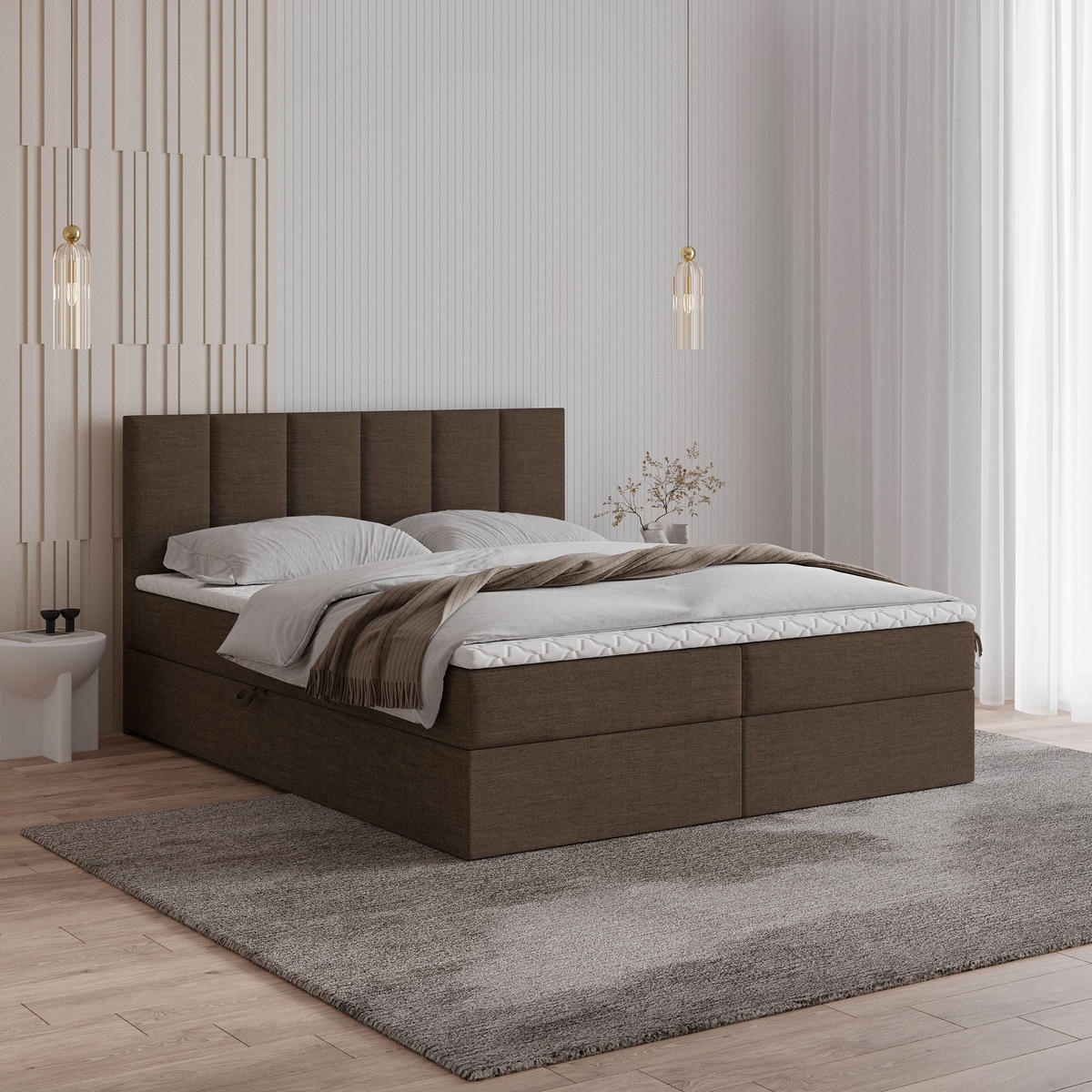 POSTEL BOXSPRING MERIL 180x200 cm, s matrací a úložným prostorem, tmavě hnědá - tmavě hnědá, kompozitní dřevo/textil (180/200cm) - MASSENO