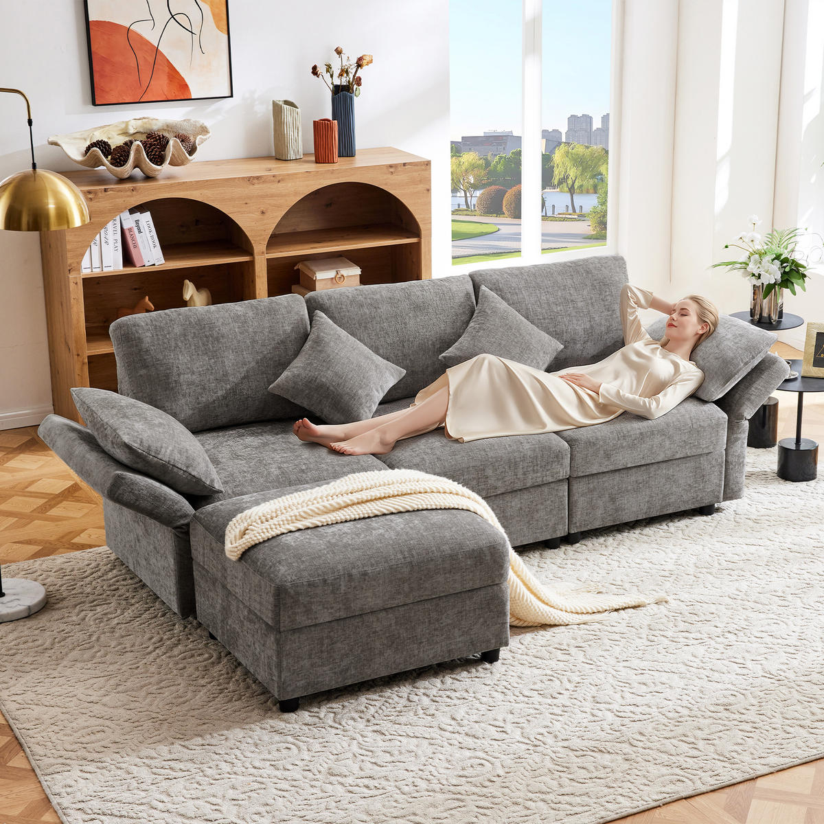 4-SITZER ECKSOFA Chenille Grau mit Hocker und verstellbaren Armlehnen - Grau, Holzwerkstoff/Kunststoff (218/156.5cm) - WISHDOR
