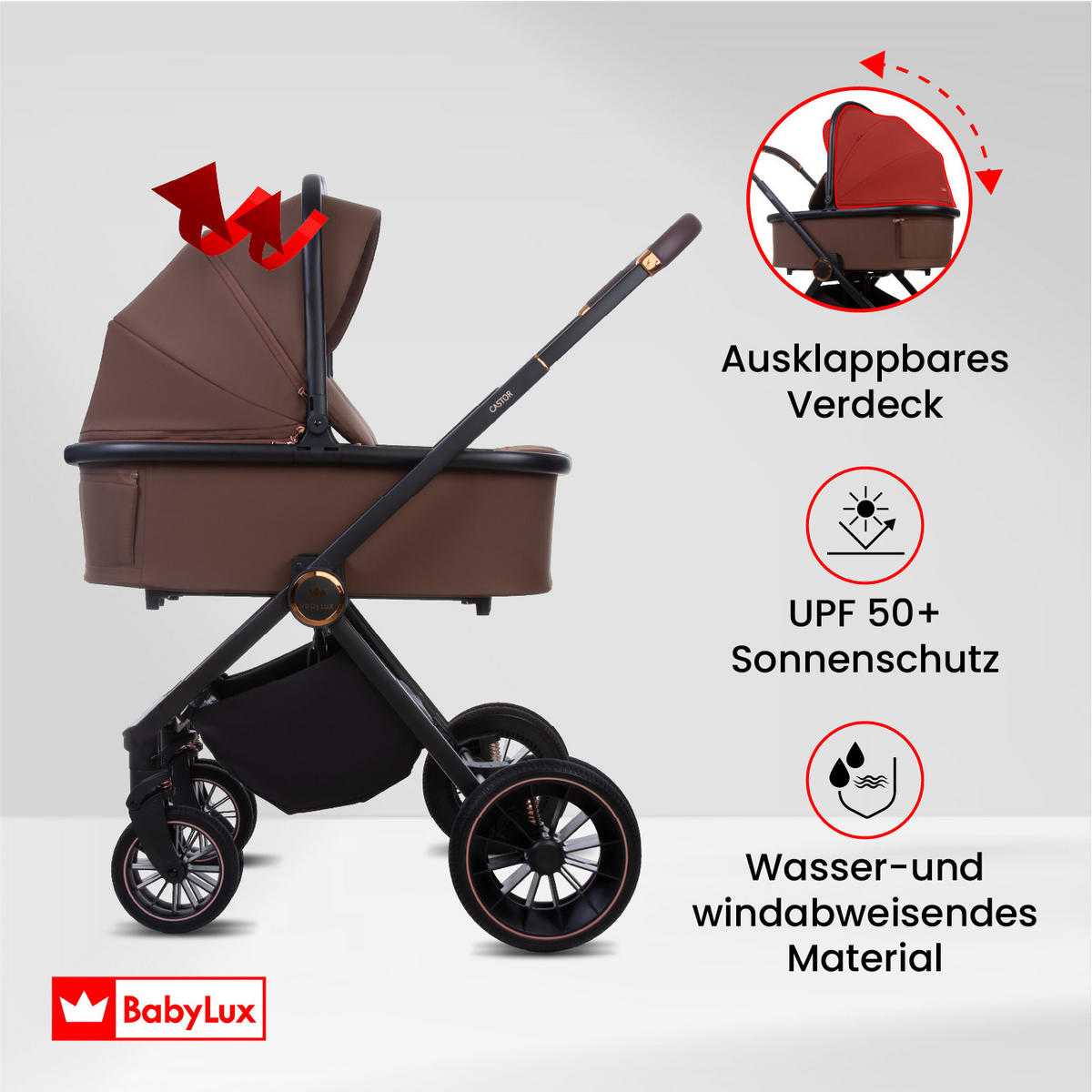 KINDERWAGEN Castor 4in1 Brownie Babywanne, Reisebuggy, Autositz, Isofix Basis - Schwarz/Braun, Textil/Metall (58/98cm) - BabyLux