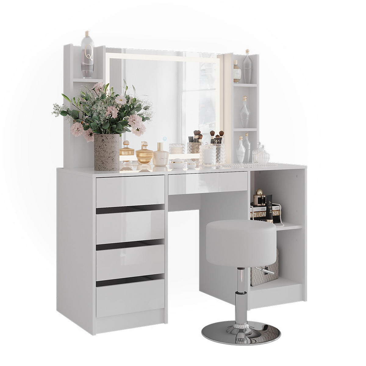 SCHMINKTISCH Sherry Weiß/Weiß Hochglanz 128.2 cm 5 Teile - Weiß Hochglanz, Holzwerkstoff (128.2/76/50.1cm) - Vicco