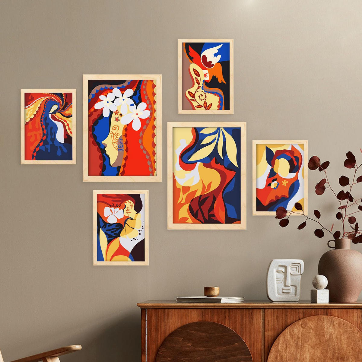 POSTER Set Mit 6 Zarte Collage im femininen abstrakten Stil Größe A3 & A4 Rahmen aus hellem Holz - Beige, Papier (29.7/1cm) - Nacnic