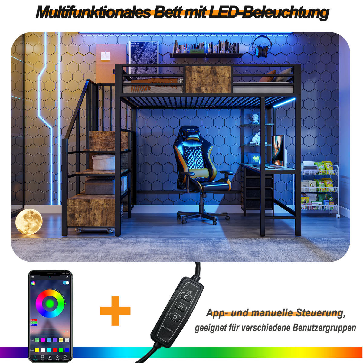 HOCHBETT 140/200 cm aus Metall mit Schreibtisch, LED, Schwarz - Schwarz, Metall (140/200cm) - OKMYHOME