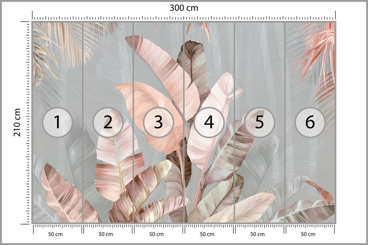 FOTOTAPETE für Esszimmer Tropische Pastell Bananenblätter 300x210 - Beige/Rosa, Papier (300/210cm) - Muralo