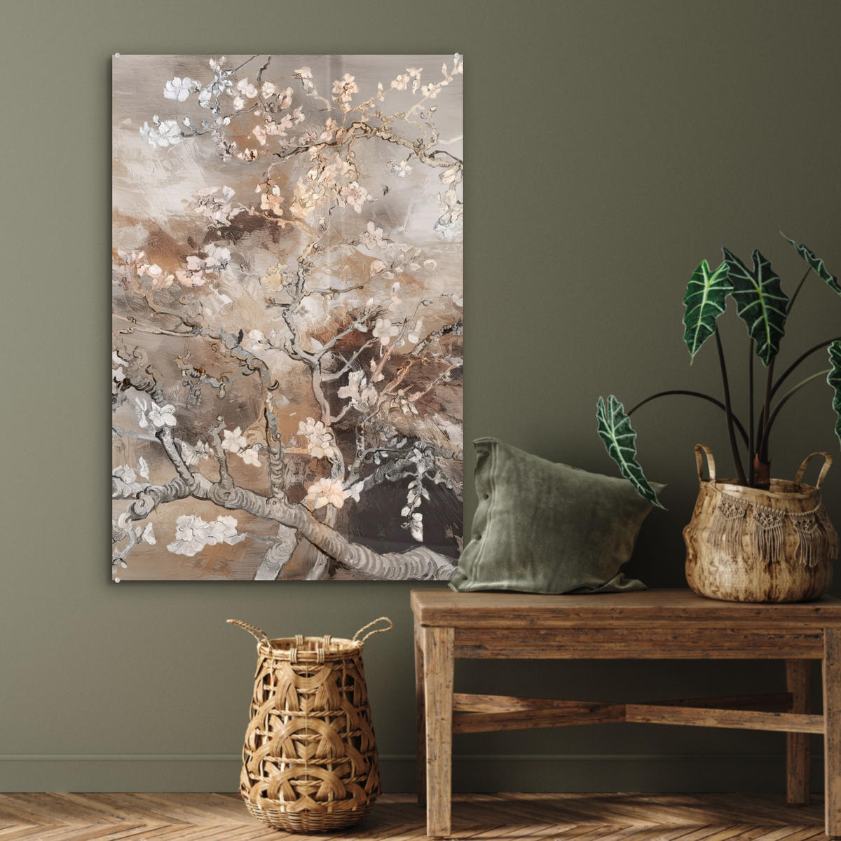 ACRYLGLASBILD Mandelblüte - Kunst - Van Gogh - Beige - Abstrakt 60x90 cm - Braun, Glas (60/90cm) - MuchoWow