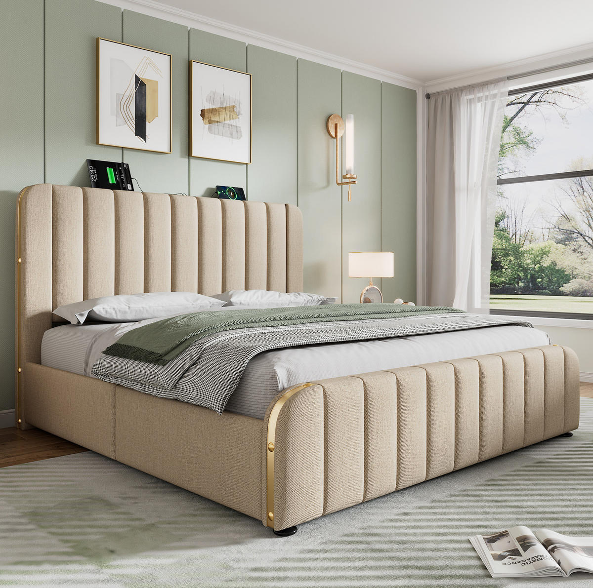 POLSTERBETT mit USB und 4 Schubladen 160x200 cm Leinen Beige - Beige, Metall (160/200cm) - Meubliv