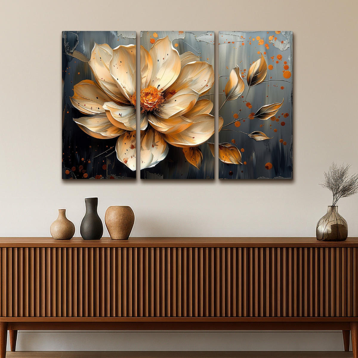 LEINWANDBILD 3er Set Blume - Gold - Abstrakt - Farbe 120x80 cm - Creme, Textil (120/80cm) - MuchoWow