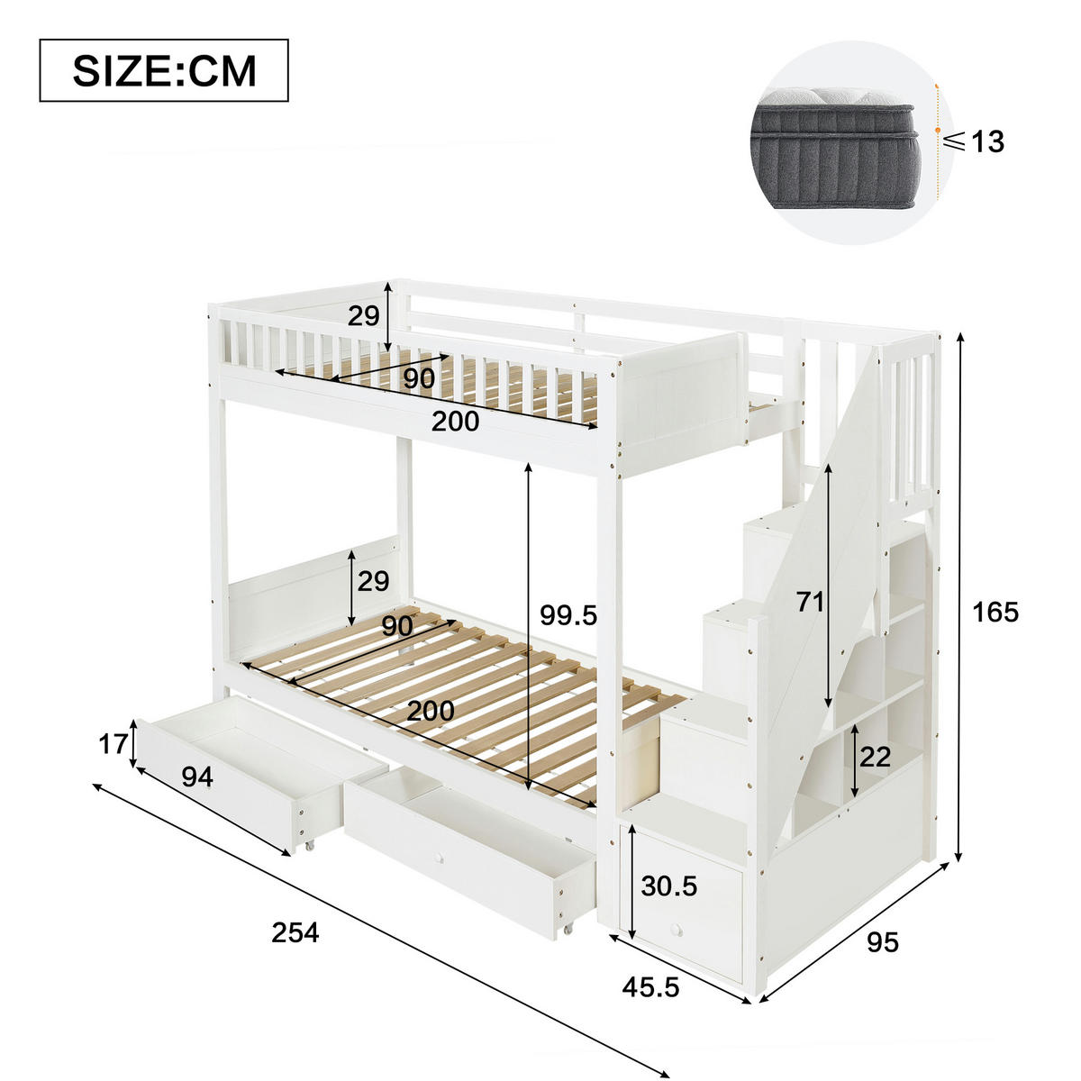 ETAGENBETT 90/200 cm mit Stauraumtreppe und Bettkästen, DE-41747, in Weiß - Weiß, Holzwerkstoff (90/200cm) - ComfortXL