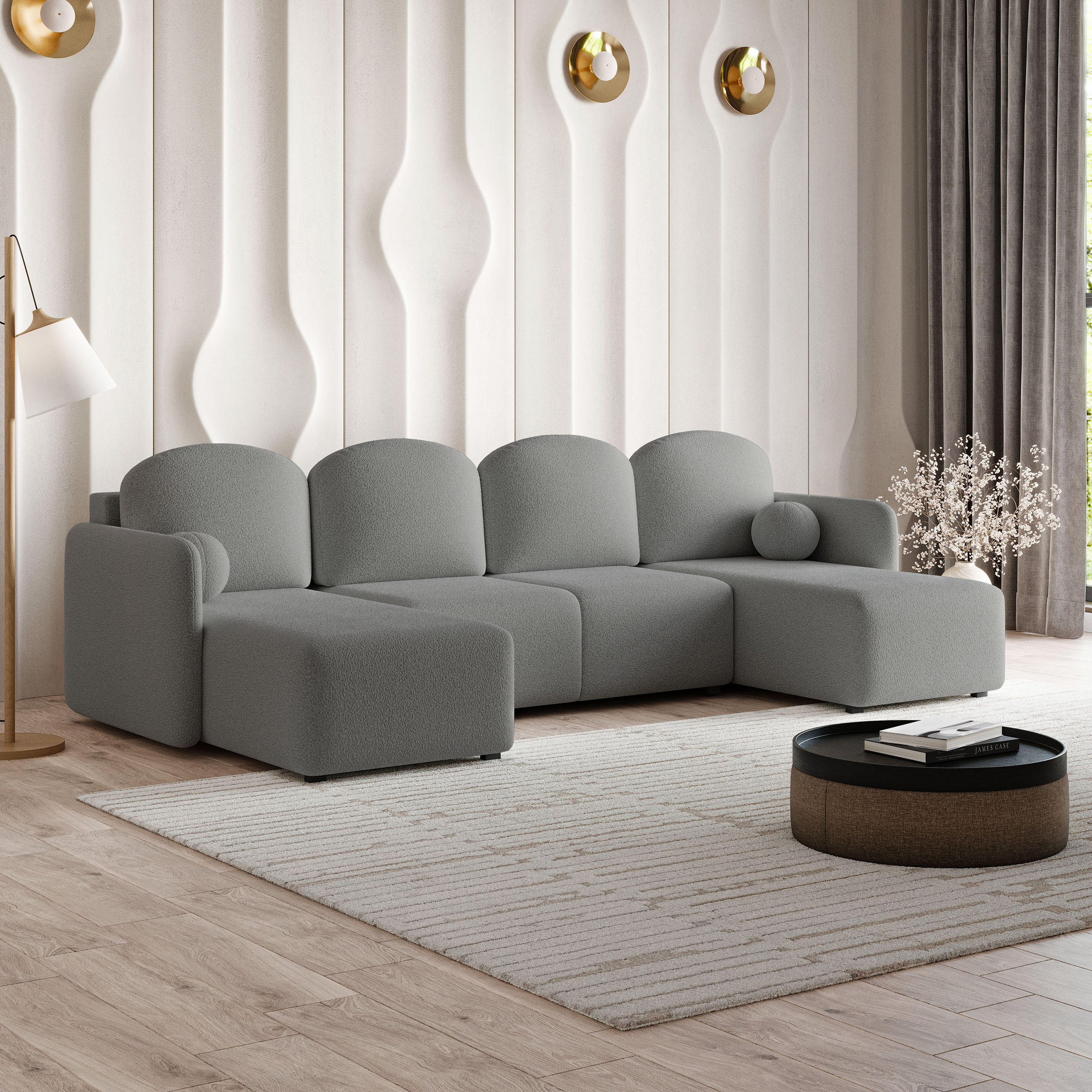 WOHNLANDSCHAFT NUBERO Grau Boucle-Stoff mit Schlaffunktion - Grau, Holz (285/85/143cm) - MASSENO