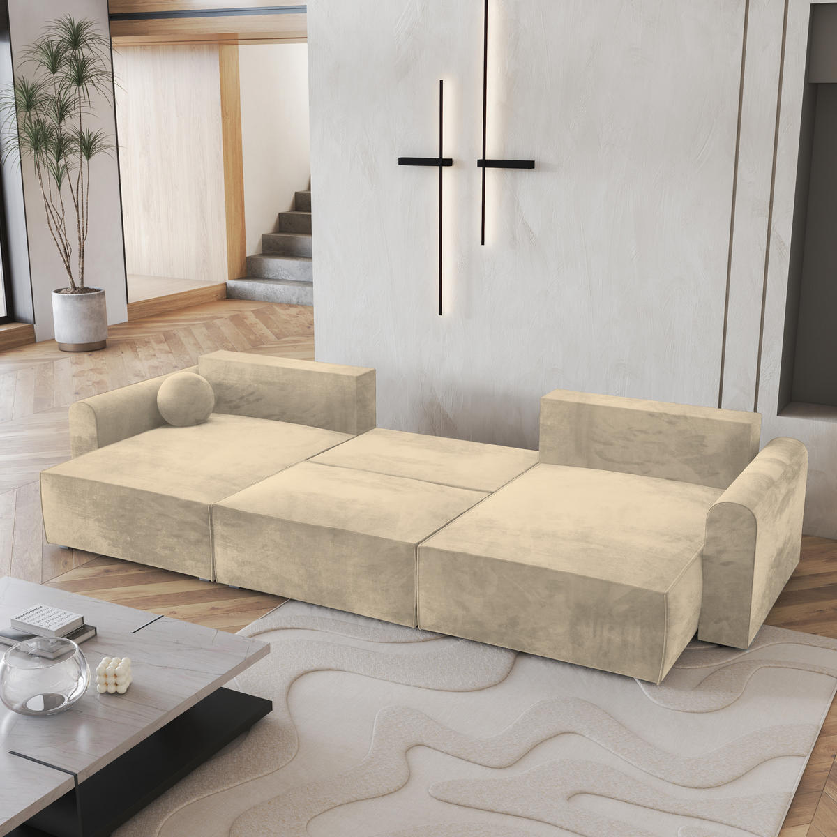 WOHNLANDSCHAFT FENTO M Creme Velours-Stoff mit Schlaffunktion - Creme, Holz (347/90/148cm) - MASSENO