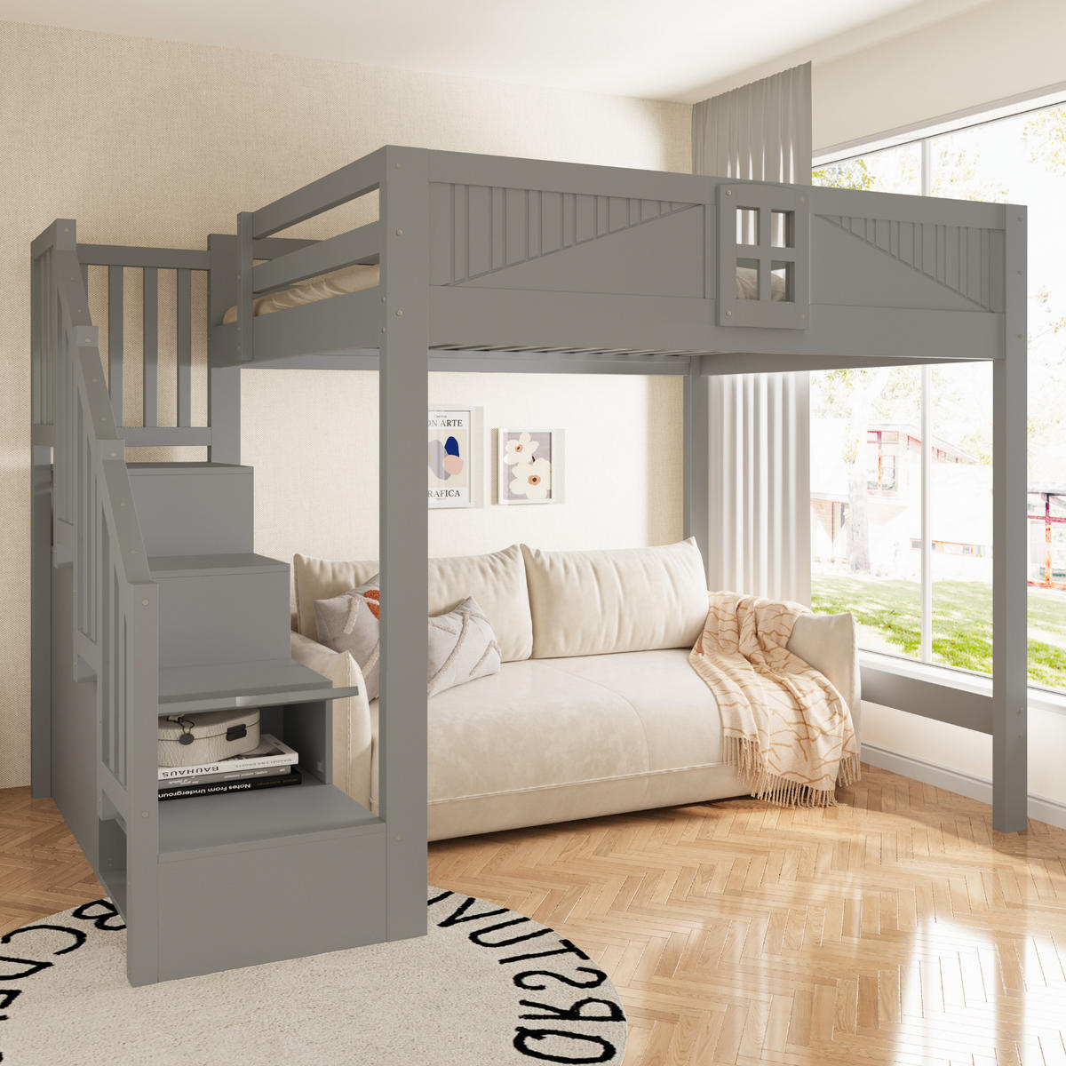 HOCHBETT 140/200 cm mit Stauraumleiter, DE-41580, in Grau - Grau, Holzwerkstoff (140/200cm) - ComfortXL