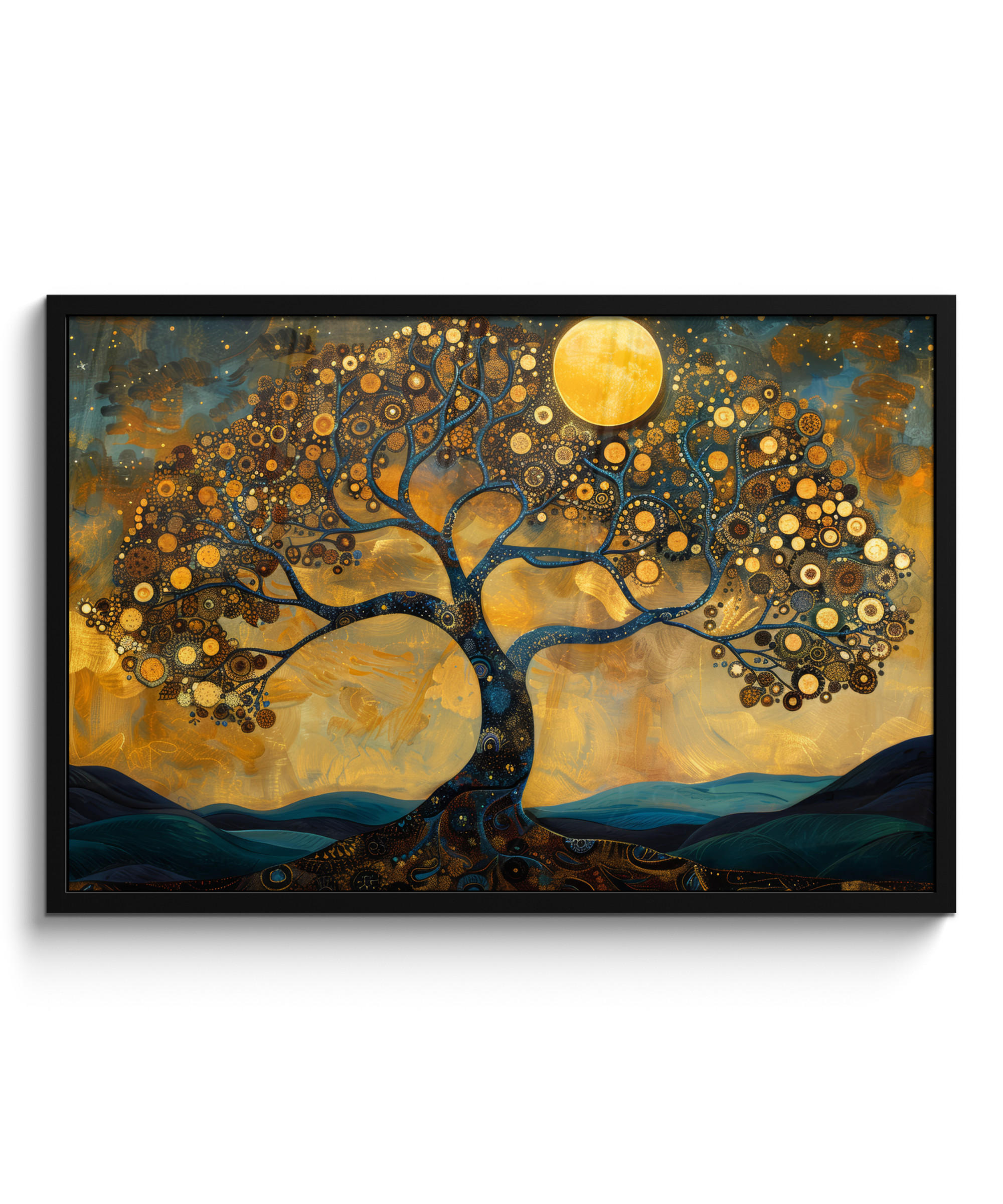 POSTER MIT RAHMENGERAHMTES BILD Baum - Mond - Blumen - Gold - Kunst 90x60 cm - Orange, Papier (90/60cm) - MuchoWow