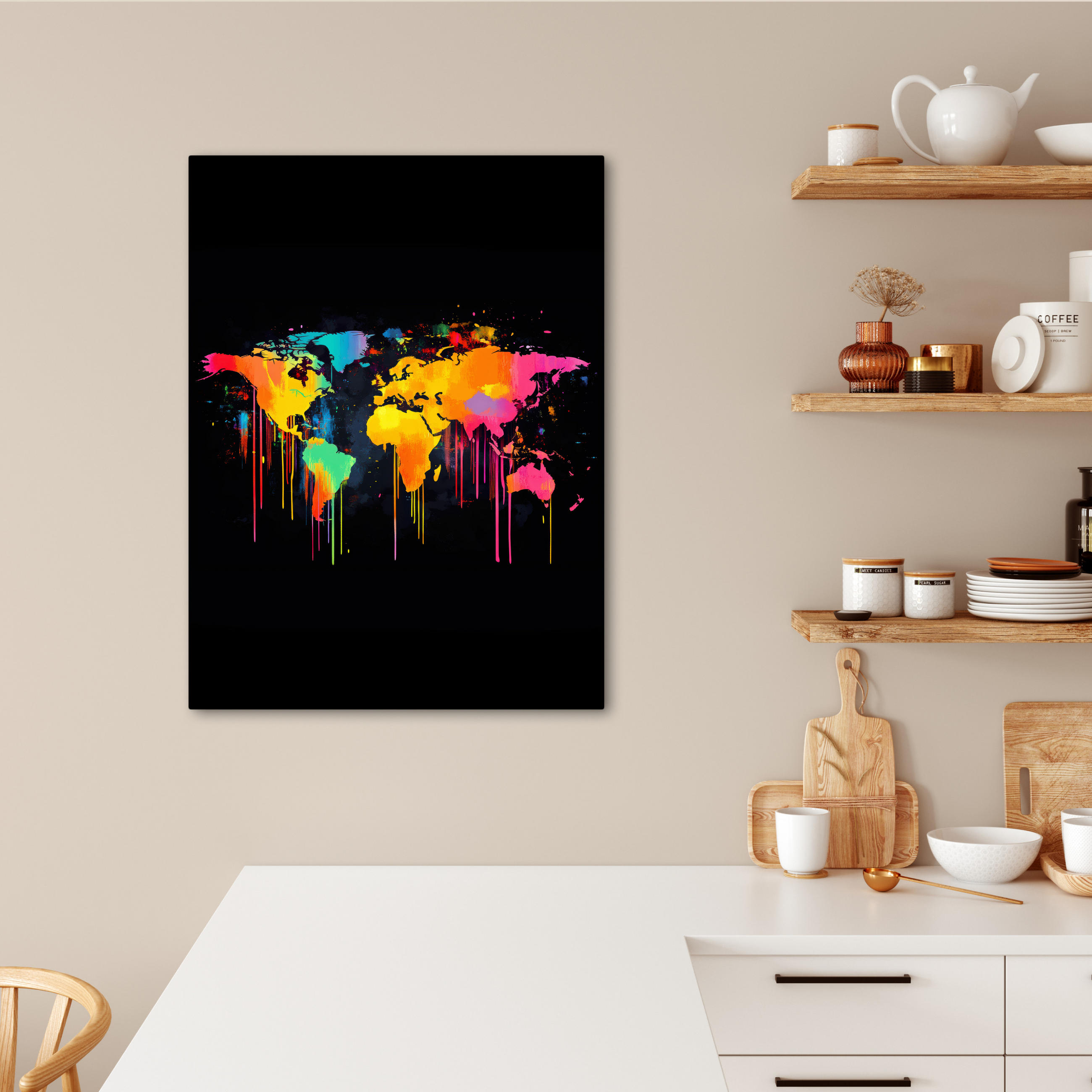 LEINWANDBILD Weltkarte - Farbe - Bunt - Graffiti - Welt 60x80 cm - Multicolor, Textil (60/80cm) - MuchoWow