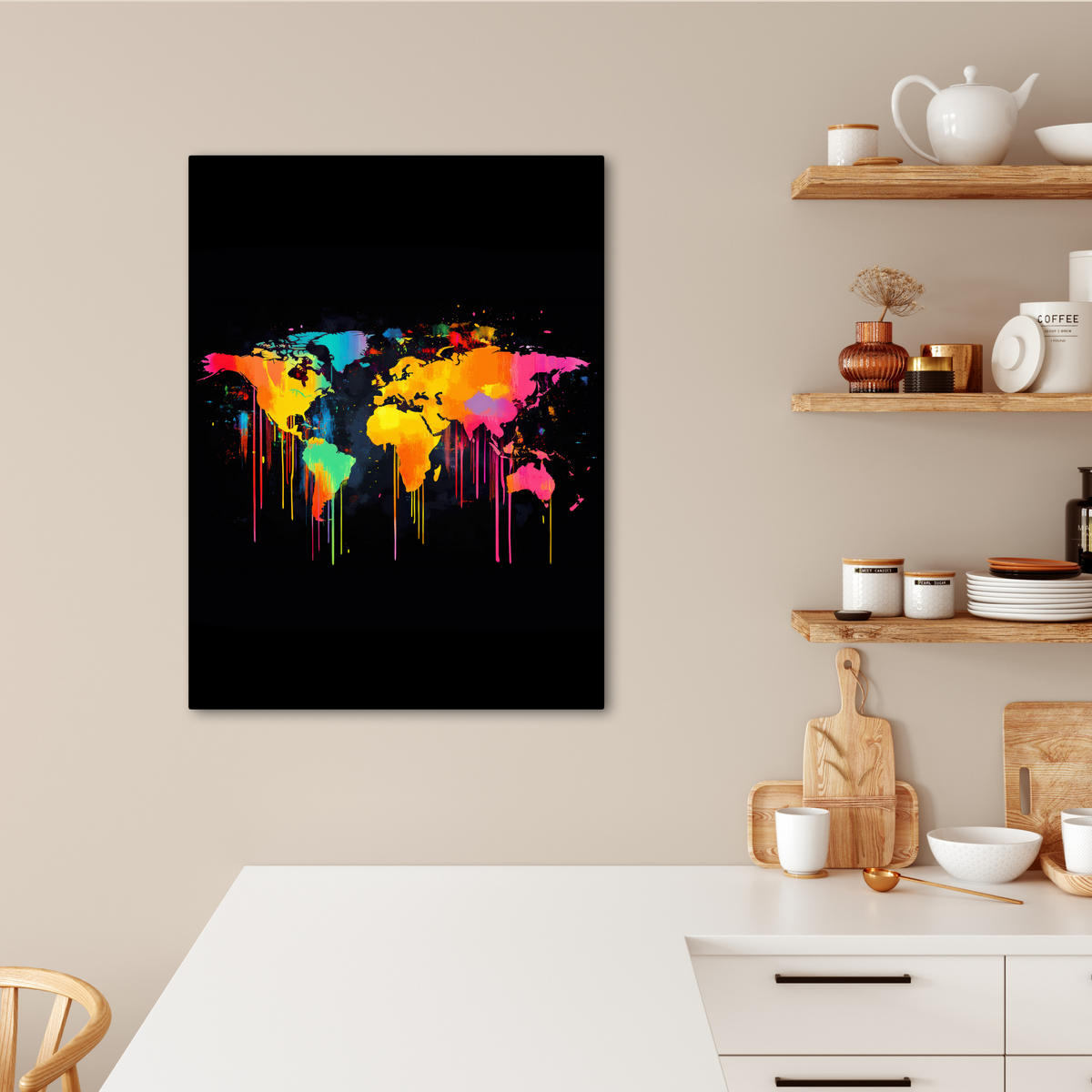 LEINWANDBILD Weltkarte - Farbe - Bunt - Graffiti - Welt 60x80 cm - Multicolor, Textil (60/80cm) - MuchoWow