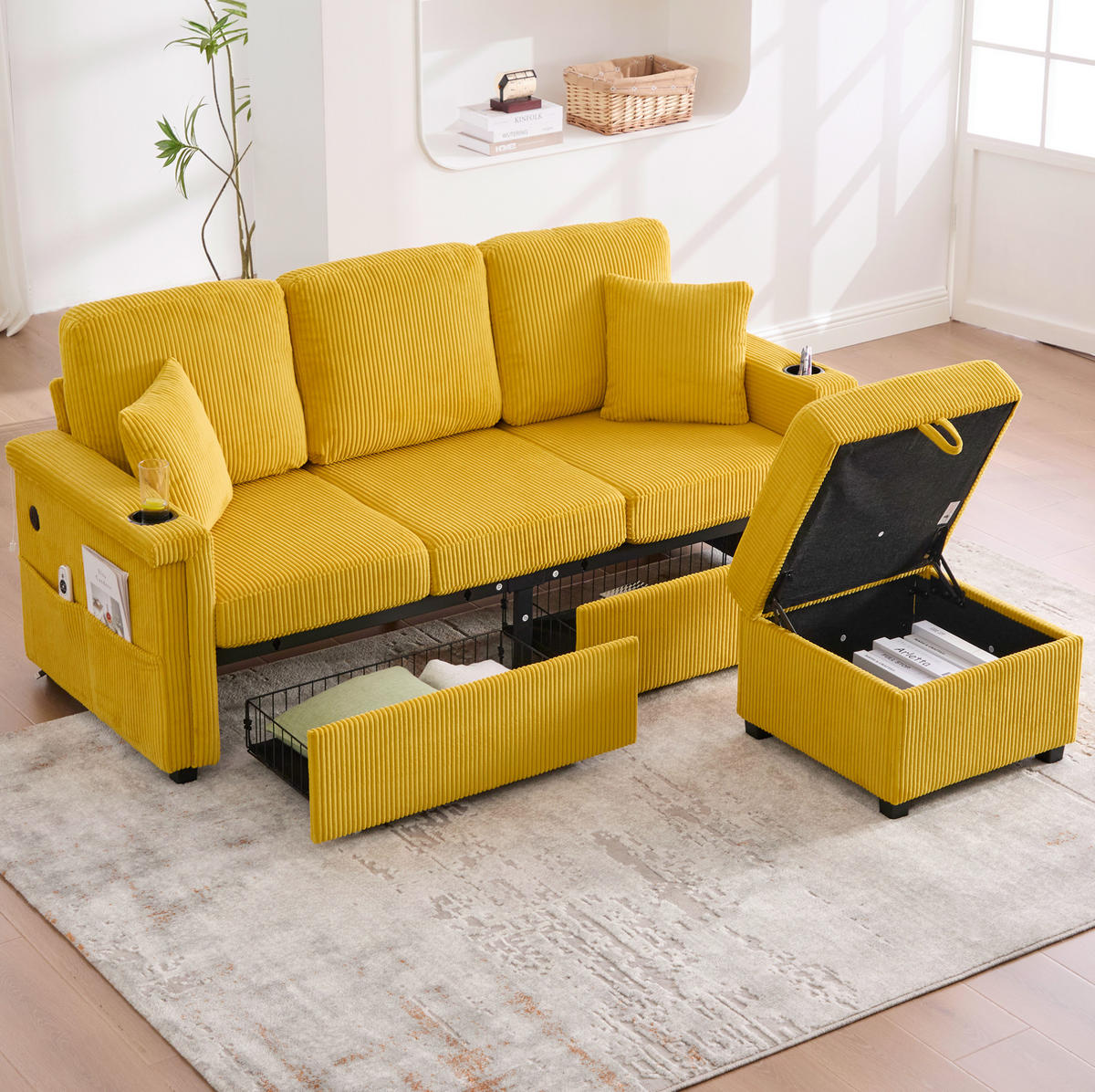 SOFA mit LED und USB/Type-C 194 x 73 x 81 cm Mustard Yellow - Gelb, Kunststoff (194/81/73cm) - Meubliv