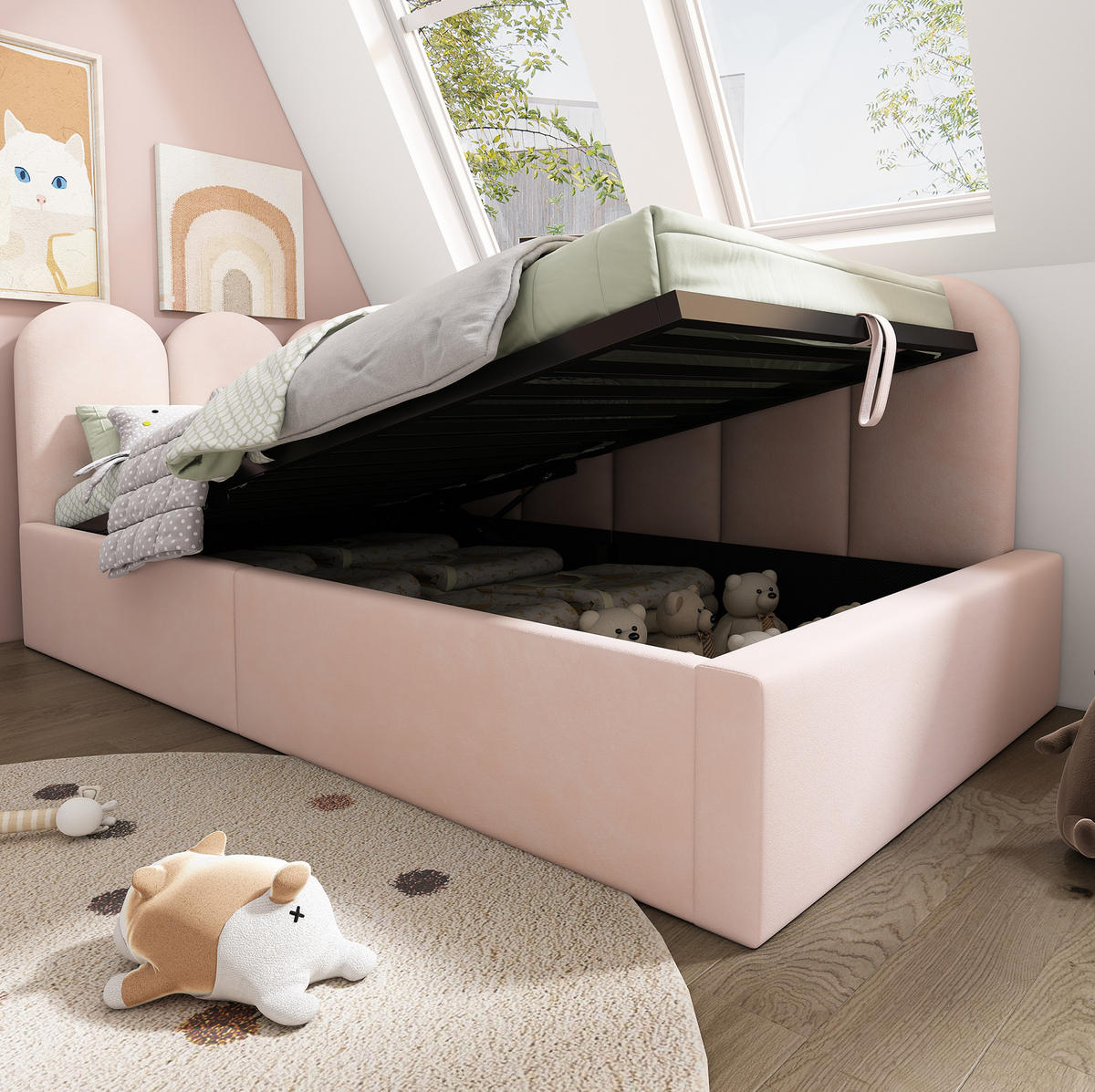 KINDERBETT Polsterbett 90/190 cm aus Samt mit hydraulischem Stauraum Rosa - Pink, Textil (90/190cm) - Modenvie