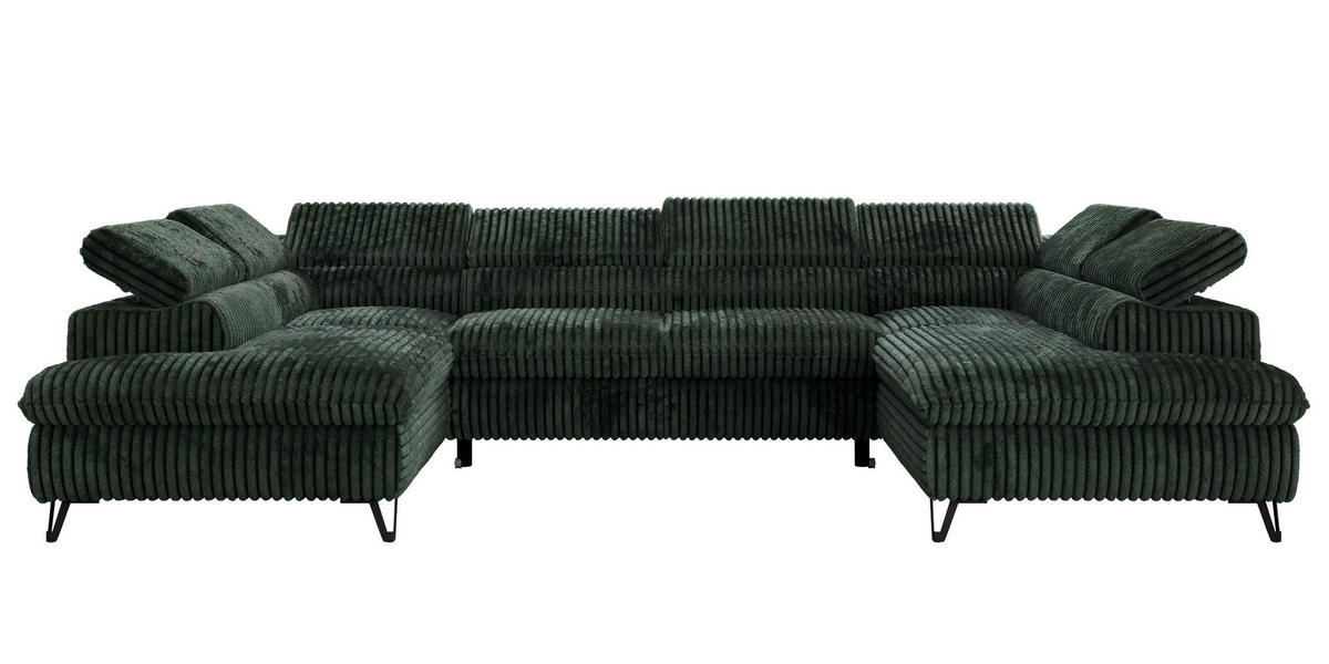 WOHNLANDSCHAFT PABLO U Cord Dunkelgrün mit Topper T25 - Schwarz/Grün, Textil/Metall (346/76/208cm) - MKS