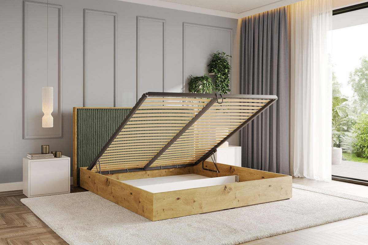 POLSTERBETT mit Bettkasten und Lattenrost, Boxbett mit Kopftei und Stauraum mit Matratze H3/H4 - ENZO10 160x200 Olivgrün - Olivgrün, Holzwerkstoff/Textil (160/200cm) - ALTDECOR