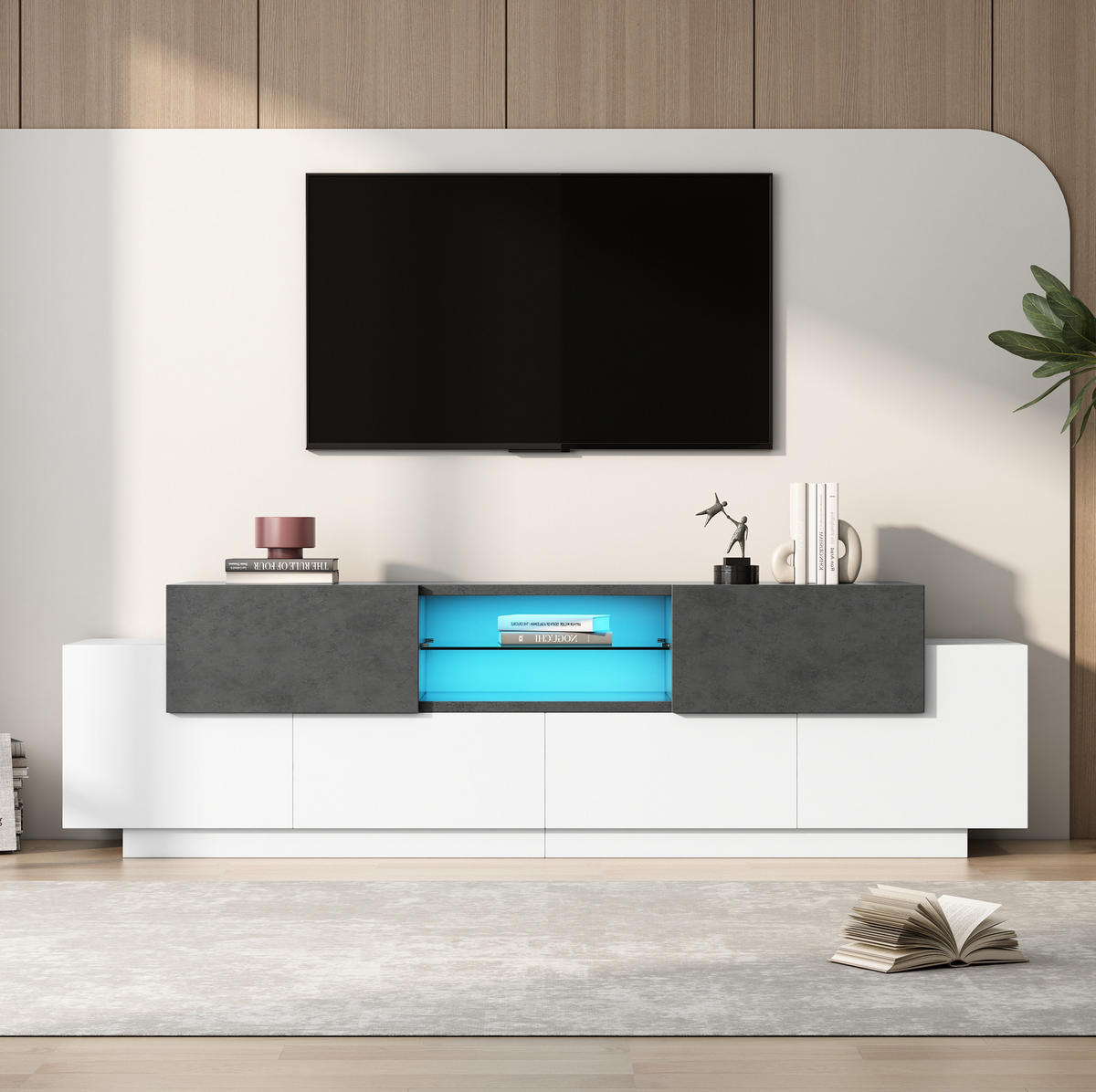 TV ormarić 180/40/45 cm bijelo-sivi od iverice s LED rasvjetom i staklenim policama - bijela, drvni materijal (180/45/40cm) - OKWISH