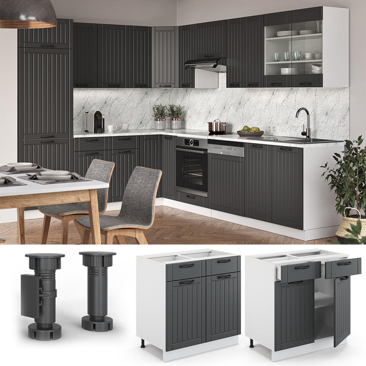 KÜCHENUNTERSCHRANK Fame-Line Anthrazit Landhaus 80 cm, AP Marmor - Anthrazit/Weiß, Holzwerkstoff (80/82/60cm) - Vicco