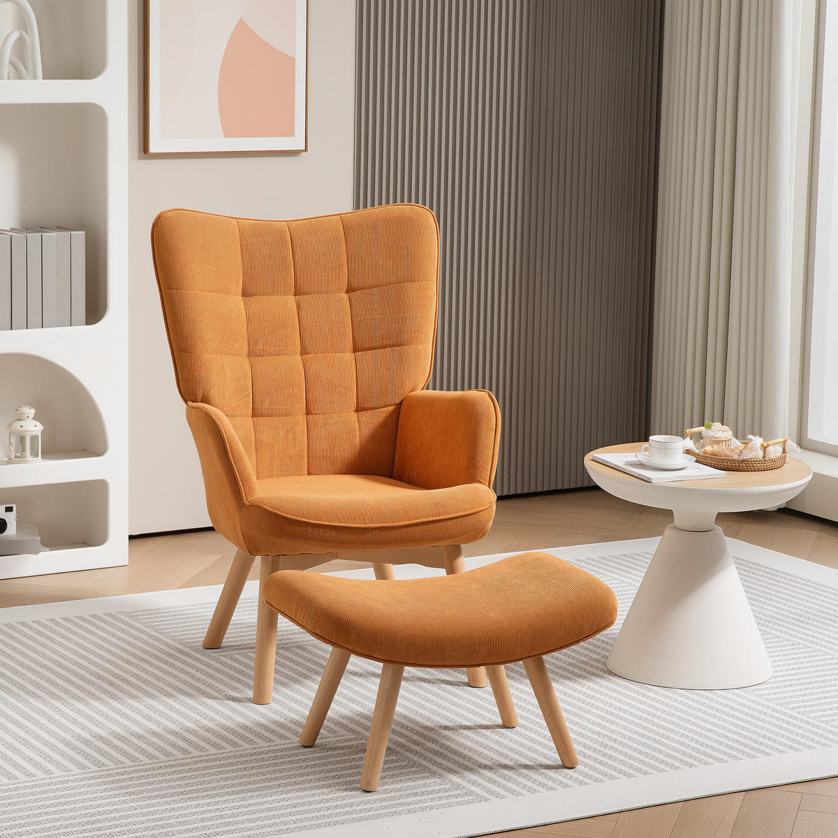 SESSEL mit Hocker, Ohrensessel mit Hoher Rückenlehne, Holzbeine, Cord, Braun - Bernsteinfarben, Textil (80/101/72cm) - HOMCOM