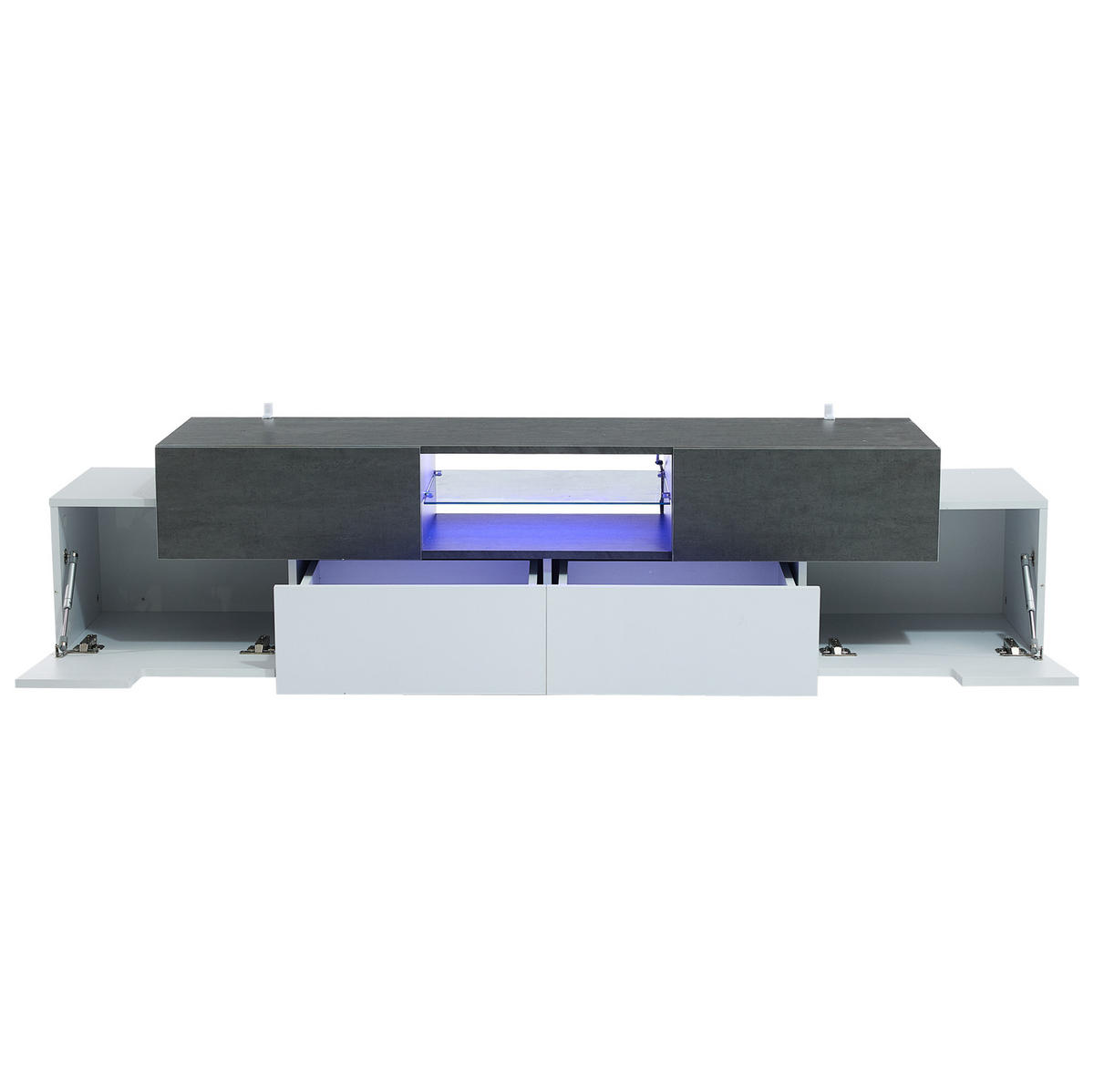 LOWBOARD 180/40/45 cm aus Spanplatte mit LED-Beleuchtung und Glasablagen Weiß/Grau - Weiß, Holzwerkstoff (180/45/40cm) - Modenvie