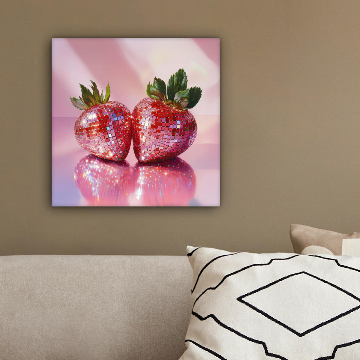 LEINWANDBILD Disco - Obst - Glitzer - Erdbeere 20x20 cm - Pink, Textil (20/20cm) - MuchoWow