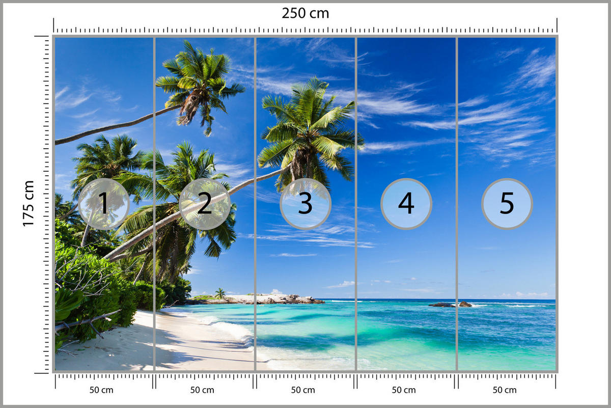 FOTOTAPETE Strand Ozean Palmen Landschaft 3D 250x175 - Türkis/Blau, Papier (250/175cm) - Muralo