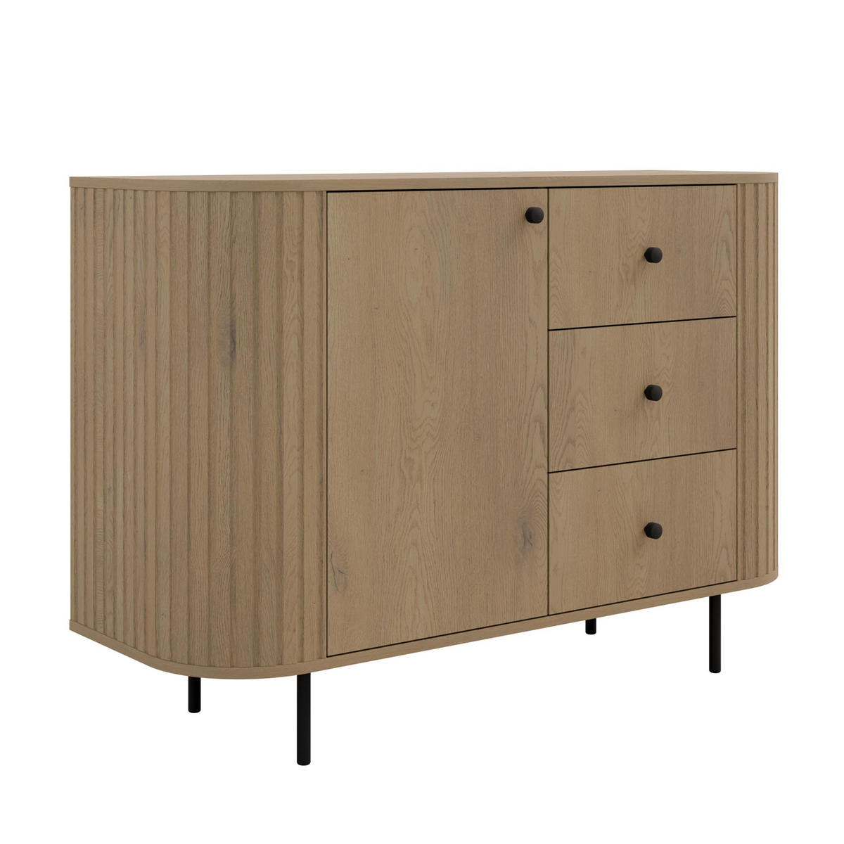 SIDEBOARD Halay Eiche Cremona, 1 Tür & 3 Schubladen Moderne Rillenstruktur 123 cm - Eichefarben/Schwarz, Holzwerkstoff/Metall (123/85.4/42.3cm) - AX Living