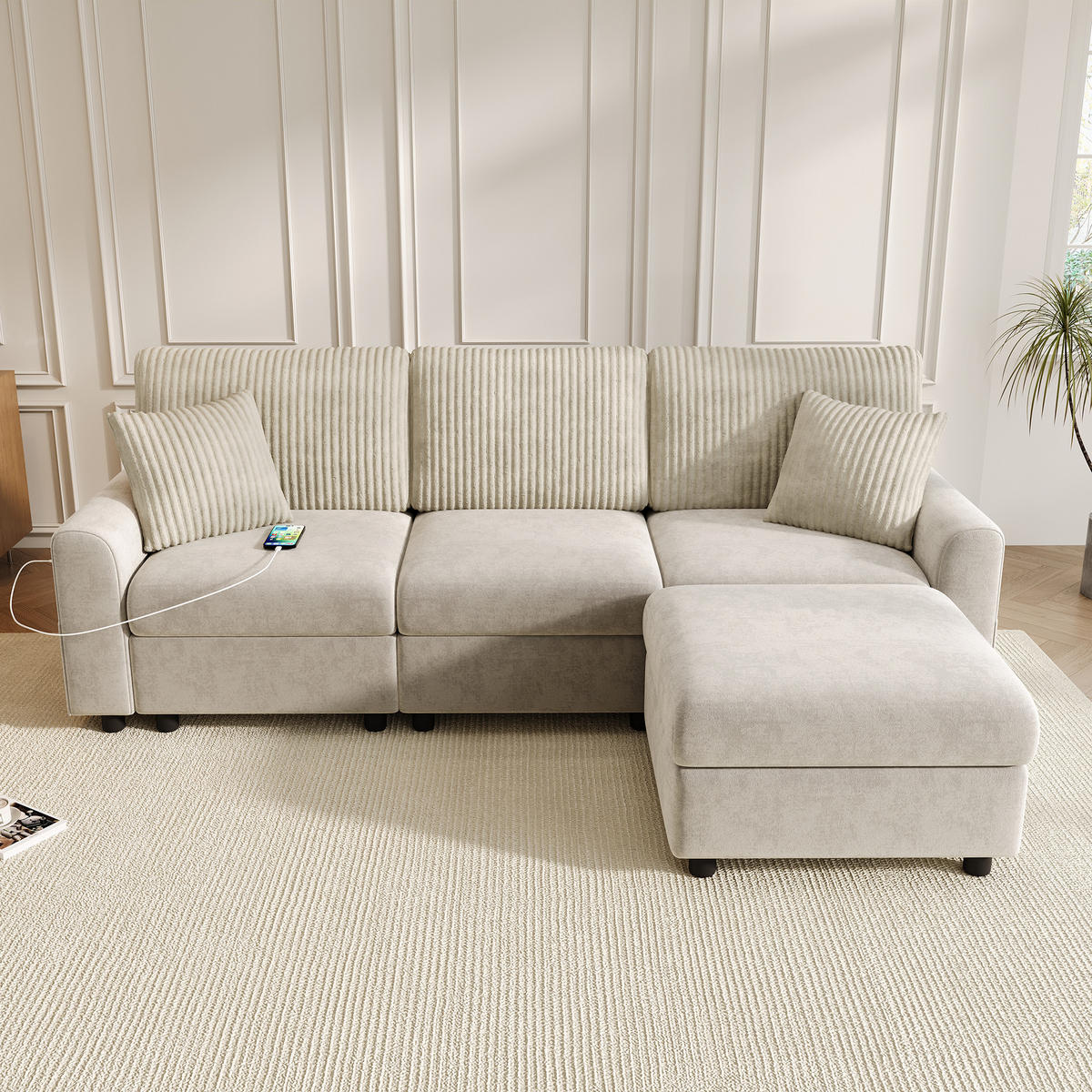 ECKSOFA 223/146/84 cm Beige mit 1 Fußhocker, 2 quadratischen Kissen, 1 USB-Anschluss und 1 Type-C-Anschluss - Beige, Textil (146/84/223cm) - Oxeza