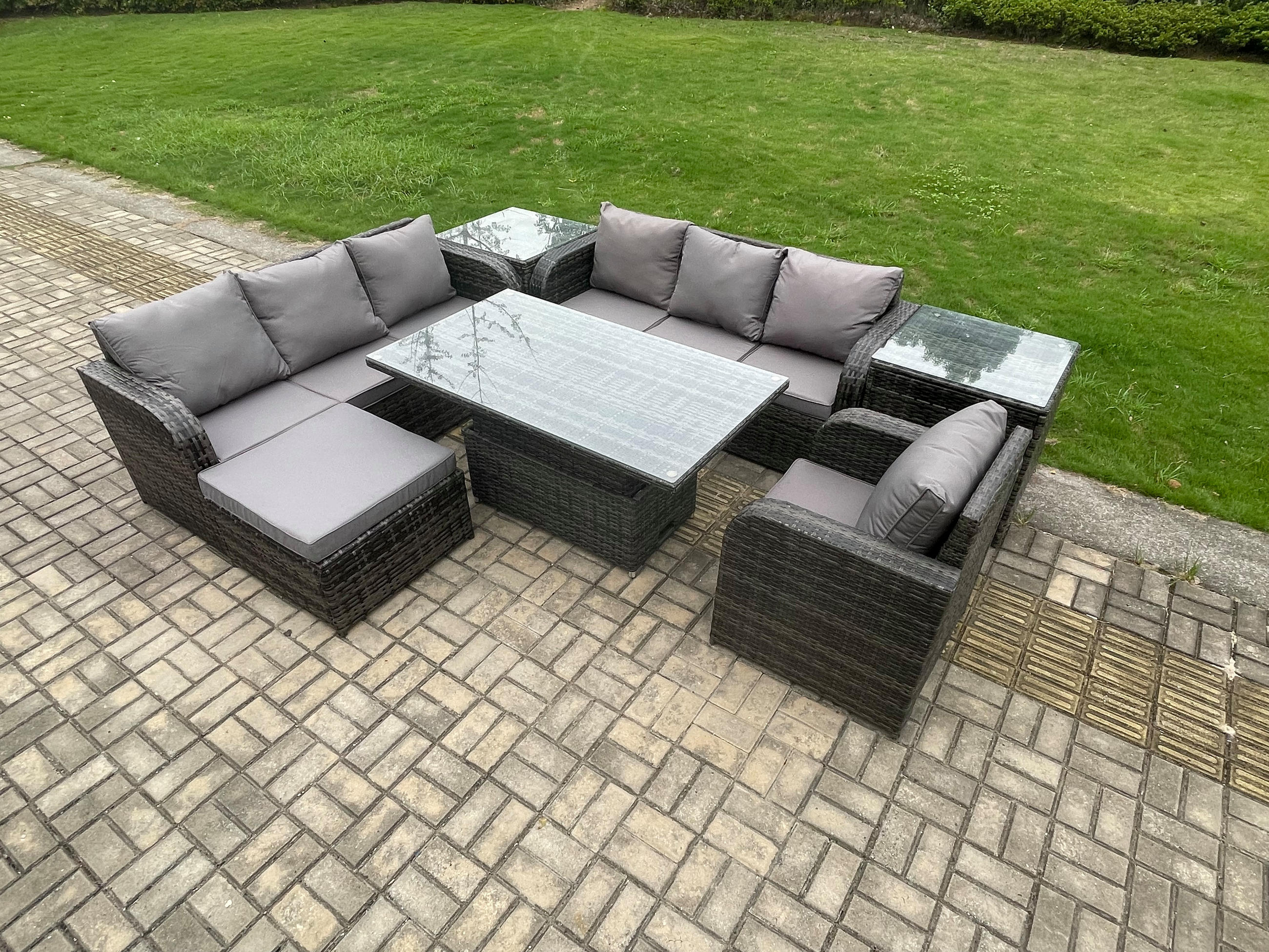 GARTENMÖBELSET mit Höhenverstellbarer Esstisch 8-Sitzer Grau - Dunkelgrau/Grau, Glas/Kunststoff - Fimous