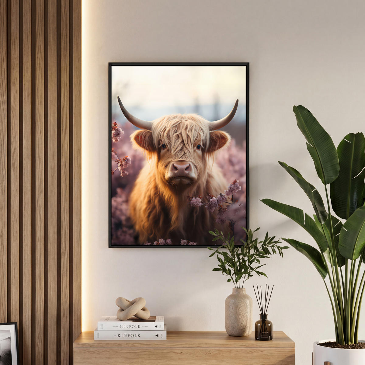 LEINWAND Bilder mit Rahmen - Schottischer Hochländer - Frühling - Hochland - 50x70 - Hellrosa, Textil (50/70cm) - MuchoWow