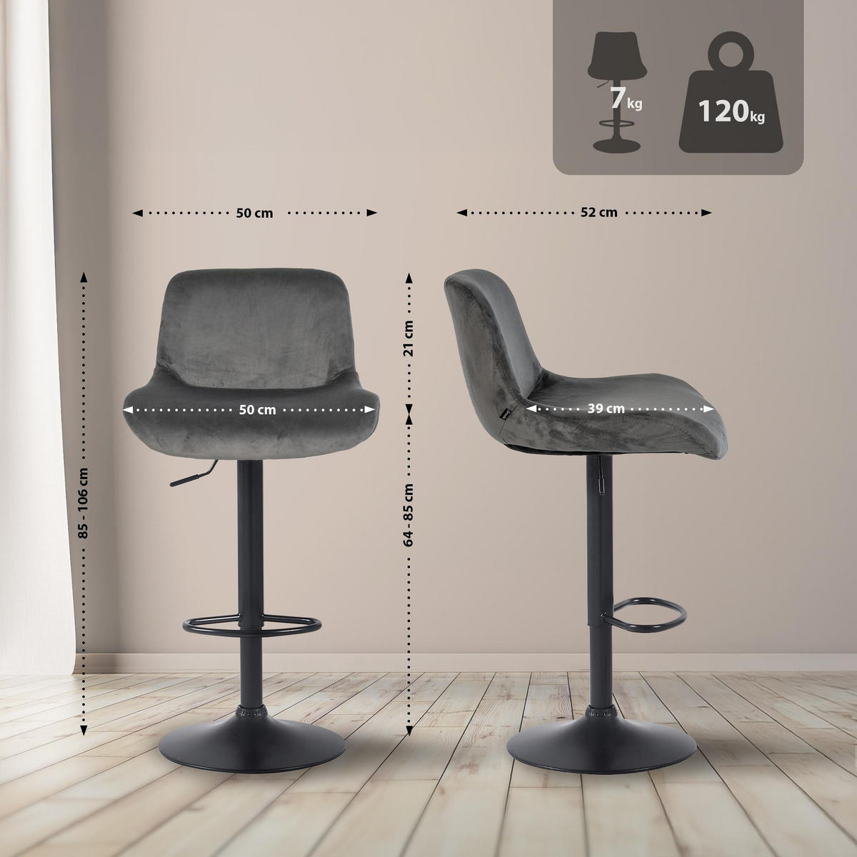 BARHOCKER Samt dunkelgrau - Dunkelgrau/Schwarz, Textil/Metall (50/85/50cm) - CLP