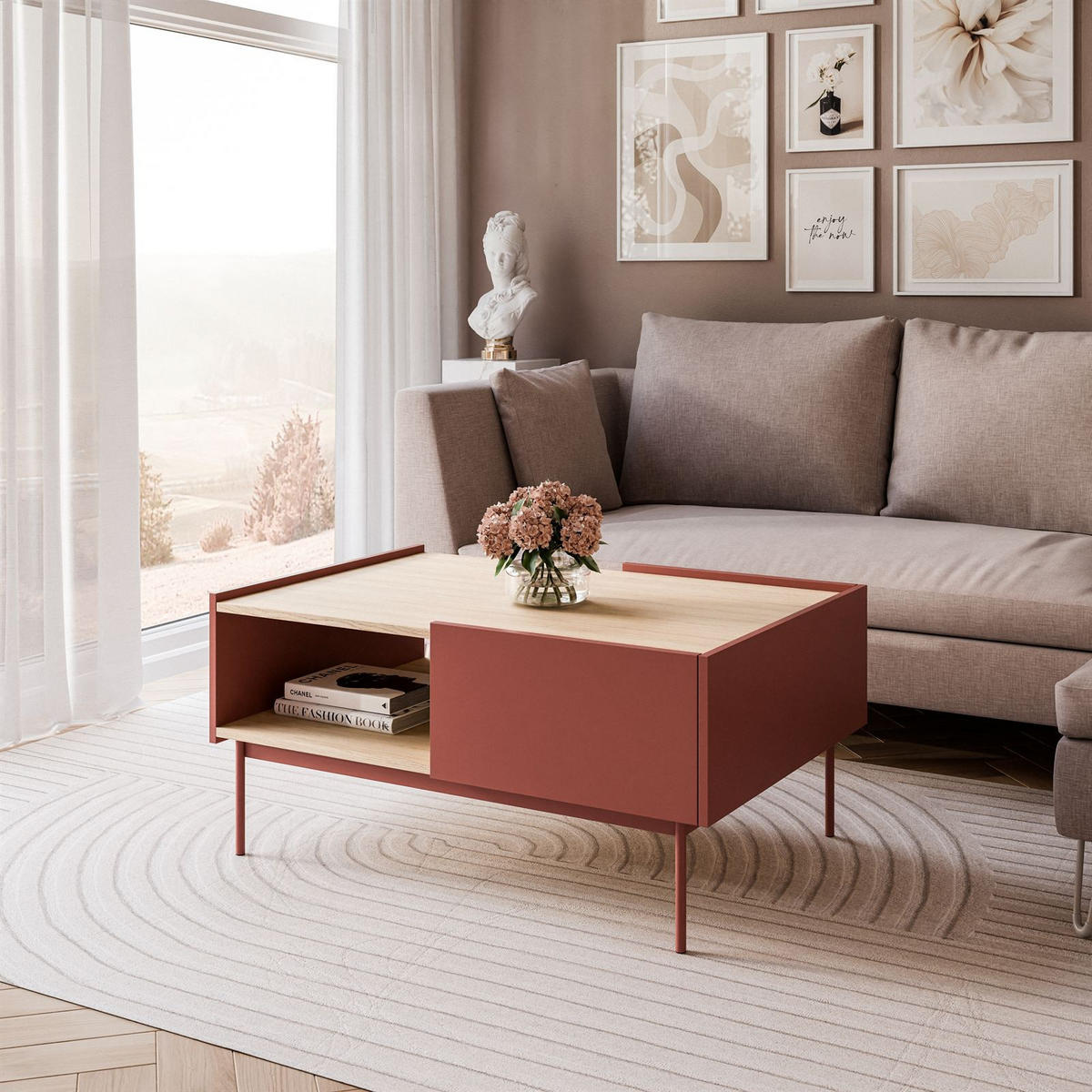 COUCHTISCH ESSENCE L97 mit Keramik Rot / Eiche Linea - Eichefarben/Rot, Holzwerkstoff (97/45/65cm) - Lookway