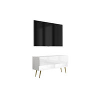 TV-LOWBOARD 100 cm Mattweiß / Hochglanzweiß, goldene schräge Beine, weiße LED, 100 × 32 × 52 cm - Weiß, Holzwerkstoff (100/52/32cm) - 3XE LIVING