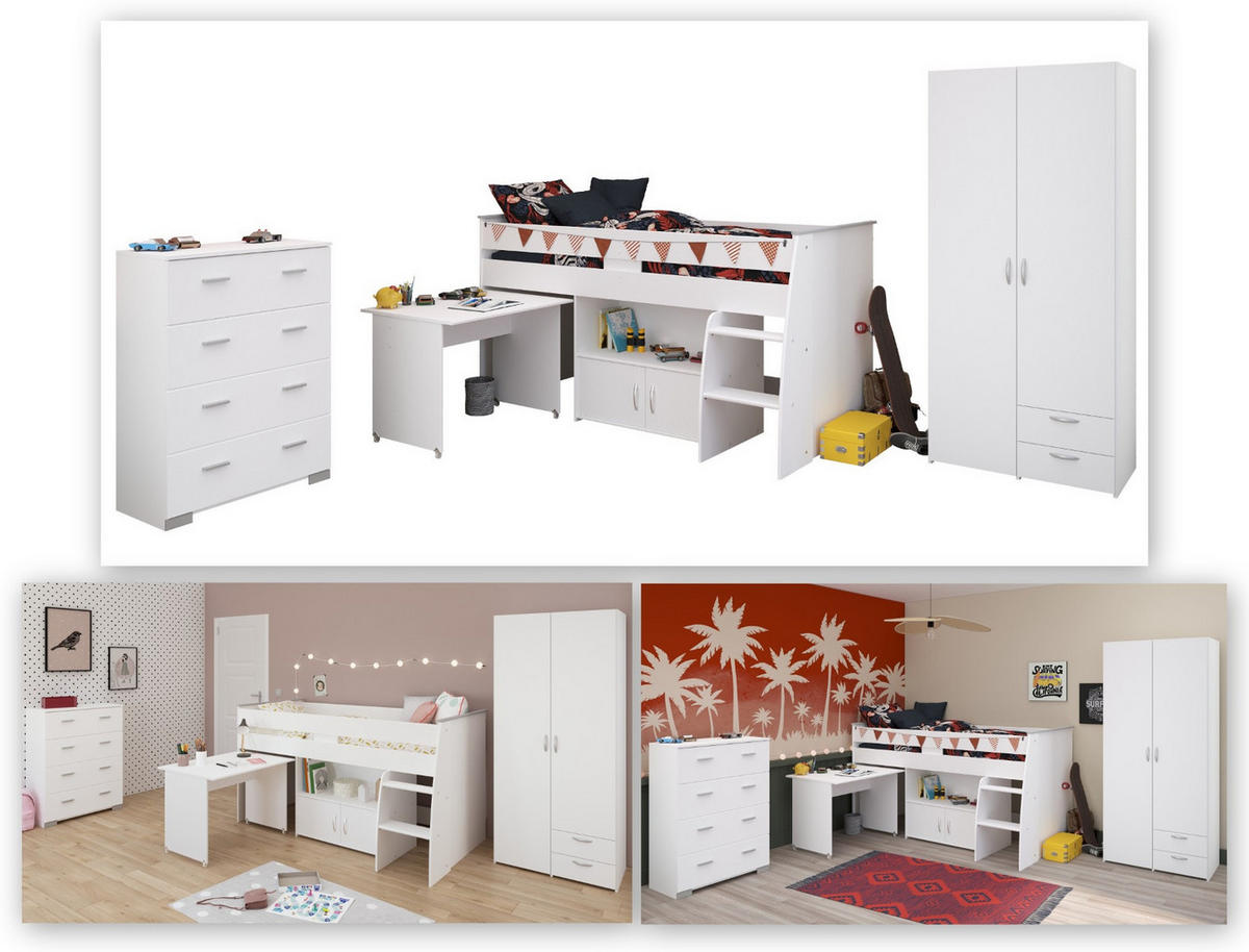 KINDERZIMMER weiß, Komplett-Set 3-teilig mit Stauraumbett, Kleiderschrank, Kommode - Silberfarben/Weiß, Holzwerkstoff/Kunststoff (115/185/204cm) - Parisot Meuble