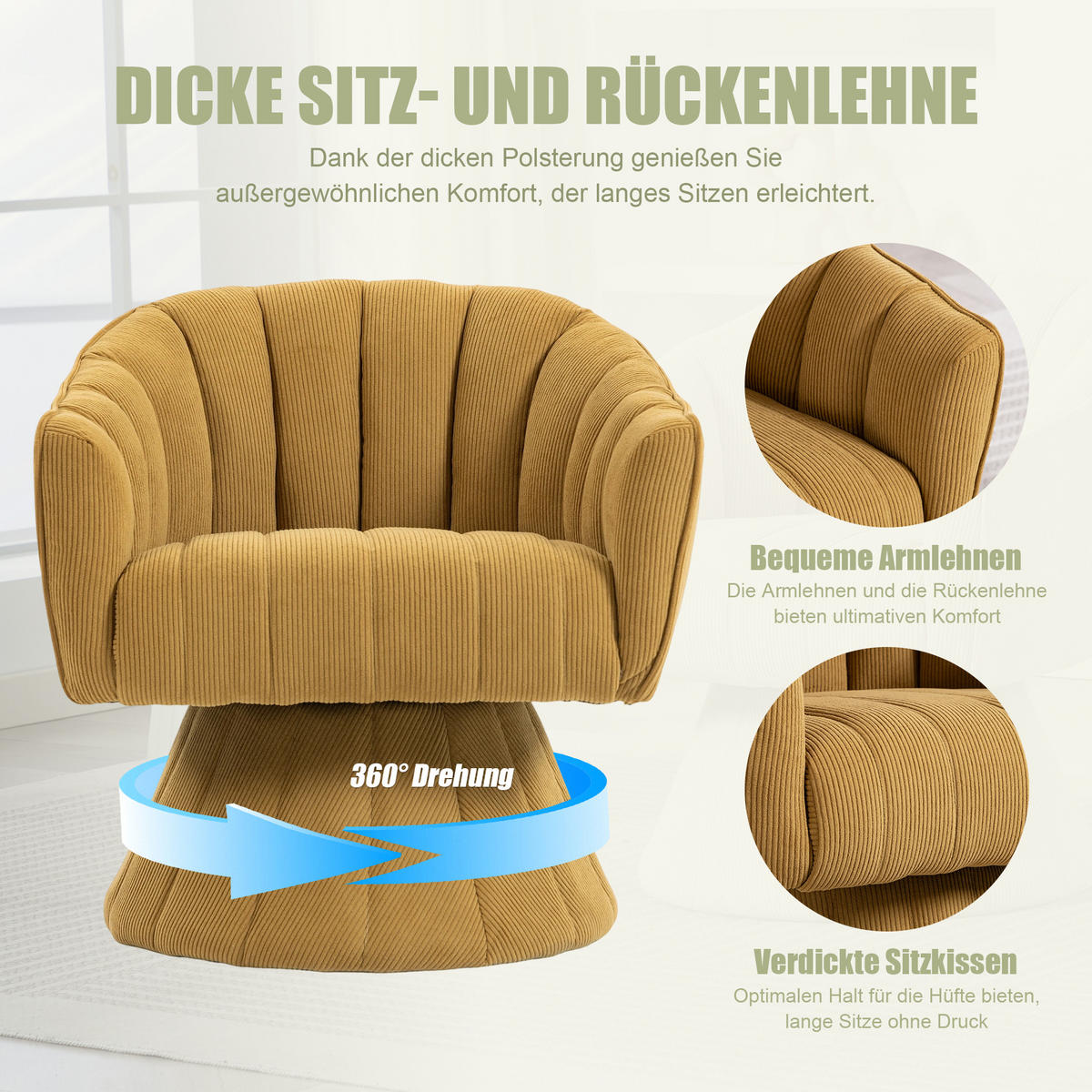 DREHSTUHL Moderner 360° Taupe mit Cord-Bezug - Taupe, Textil (70/72/66cm) - Urban Meuble