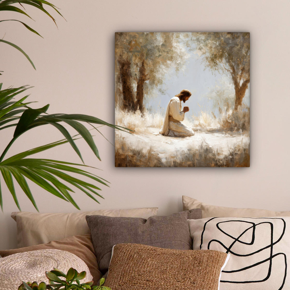 LEINWANDBILD Jesus - Kniend - Waldlandschaft - Betend Wandbild Wohnzimmer 50x50 cm - Beige/Hellblau, Textil (50/50cm) - MuchoWow