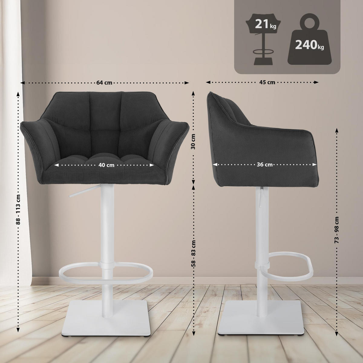 BARHOCKER Cord Dunkelgrau - Dunkelgrau/Weiß, Textil/Metall (64/88/45cm) - CLP