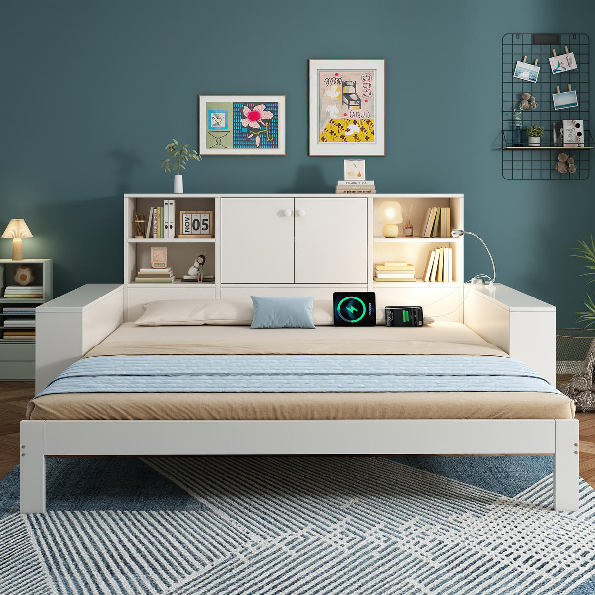 STAURAUMBETT 90x200 Weiß Holz Ausziehbett USB - Weiß, Holzwerkstoff (90/200cm) - FLIEKS