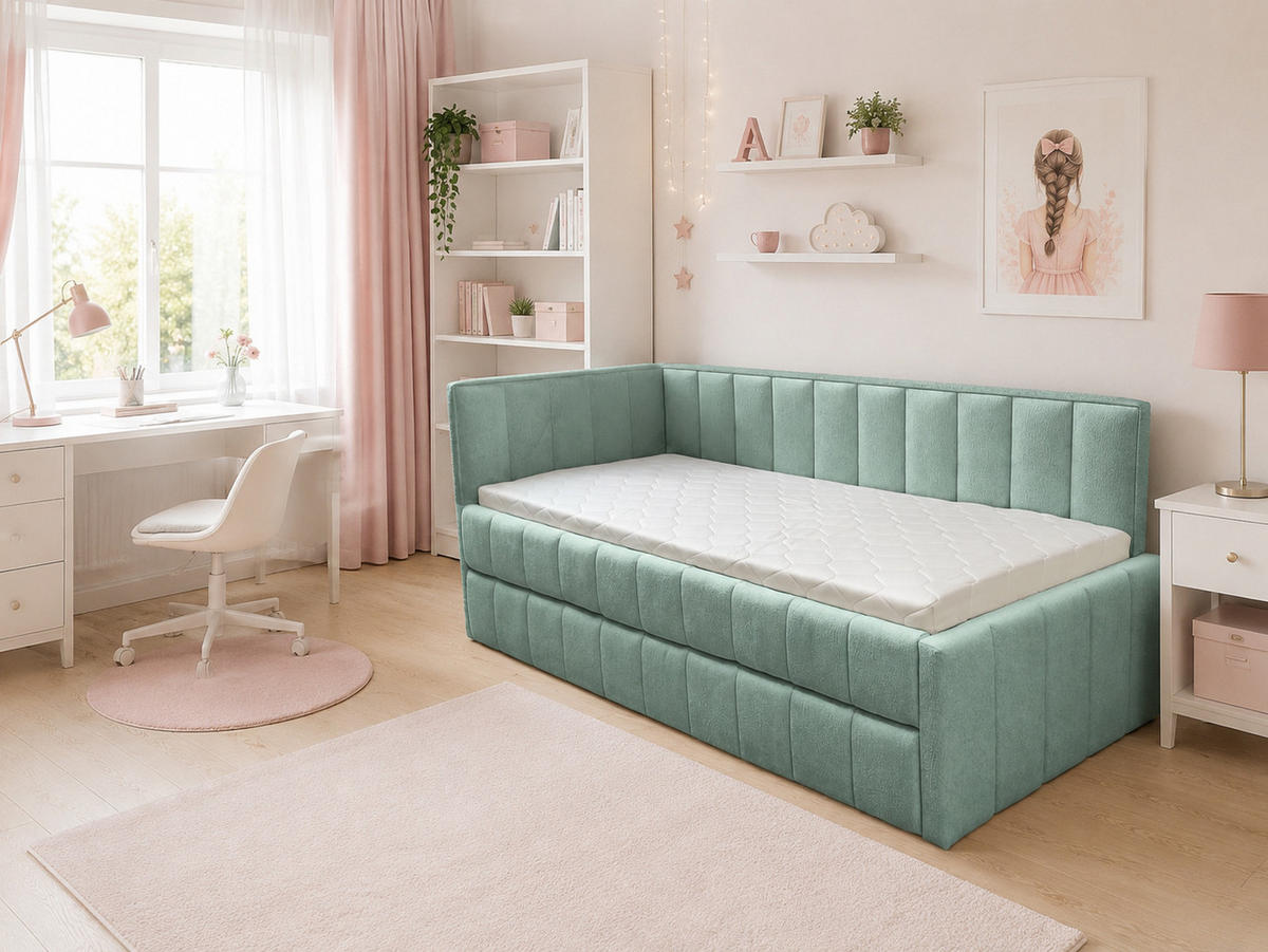 POLSTER-KINDERBETT LUKA 90x200 cm, links, mit Ausziehbett – Türkis - Türkis, Textil - KS Home Concept
