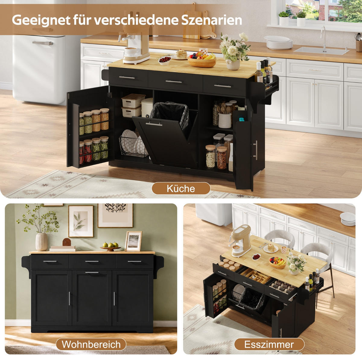 KÜCHENINSEL, KLAPPBARE ARBEITSPLATTE, MDF-Holz, Esszimmer, 136/75/92 cm - Schwarz, Holzwerkstoff (75/92/136cm) - Rolipo