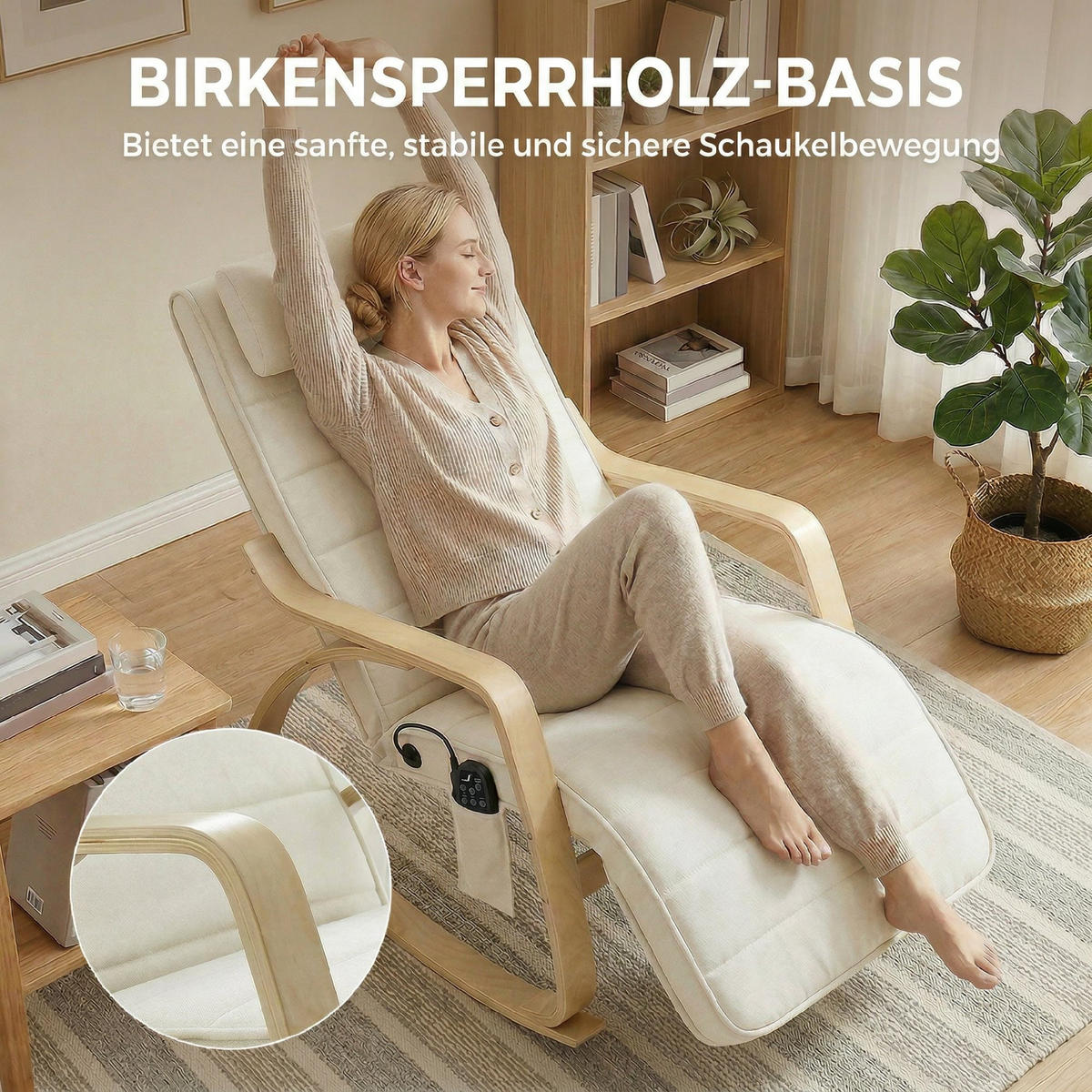 SCHAUKELSTUHL DE-07601 mit Massage, Heizung und verstellbarer Kopf- & Fußstütze Cremeweiß - Creme, Textil (67/92/106cm) - ComfortXL