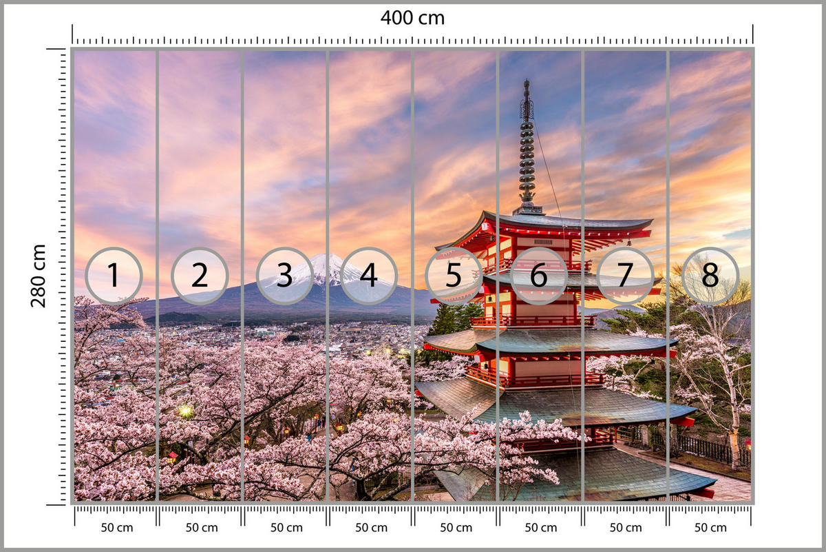 FOTOTAPETE für Wohnzimmer Japanische Pagode Frühling Sonnenuntergang 400x280 - Rot/Violett, Papier (400/280cm) - Muralo