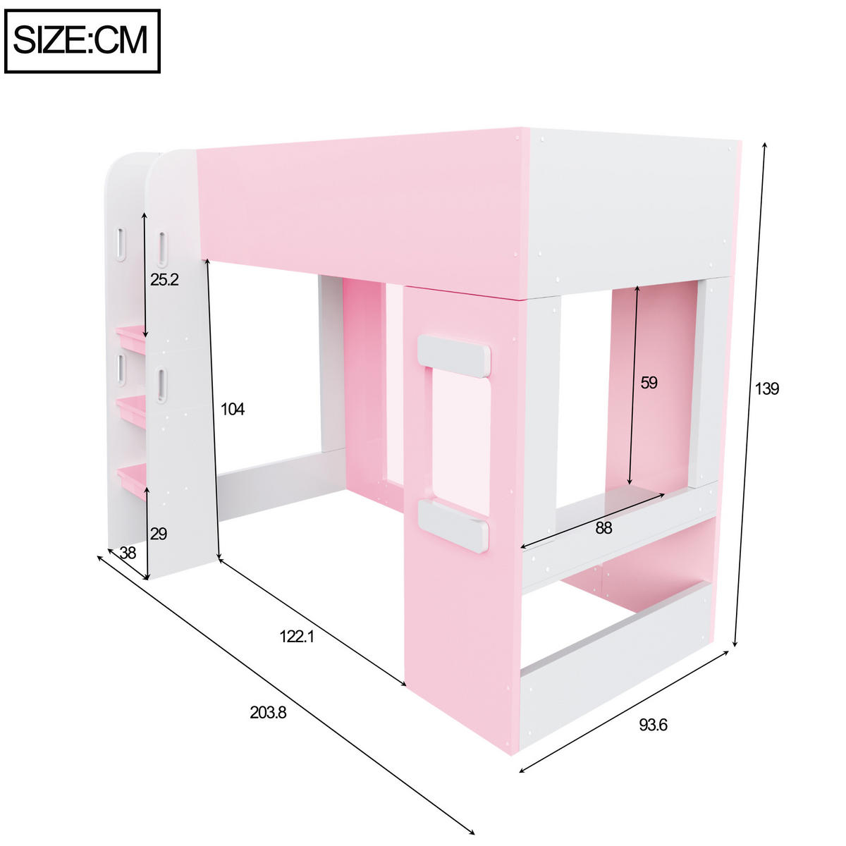 HOCHBETT 90/200 cm mit Lichtleiste und Schreibtisch, DE-41600, in Rosa - Pink, Holzwerkstoff (90/200cm) - ComfortXL